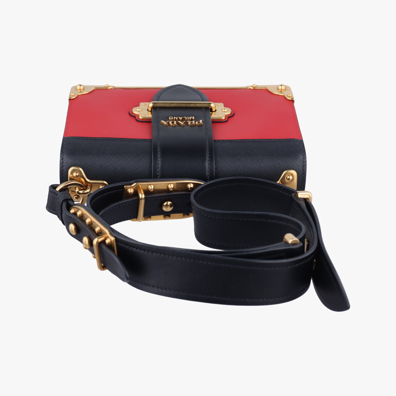 Pre-owned Prada Cahier Red×black Leather 1BD045 shoulderbag | stylenewstar