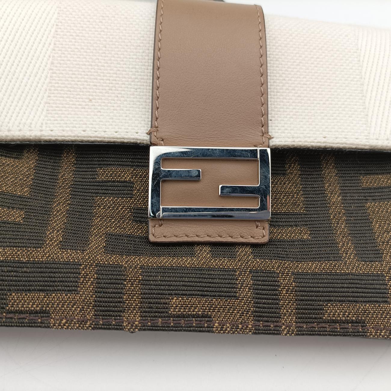 Secondhand Fendi FF Logo Baguette slim Brown×white canvas 7M0295 shoulderbag | stylenewstar
