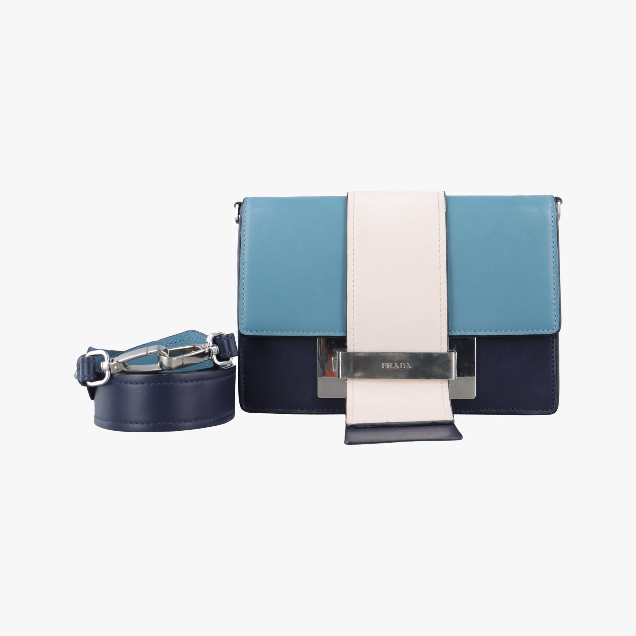 Pre-owned Prada Plex Ribbon Blue x White x Navy Leather 1BD067 shoulderbag | stylenewstar