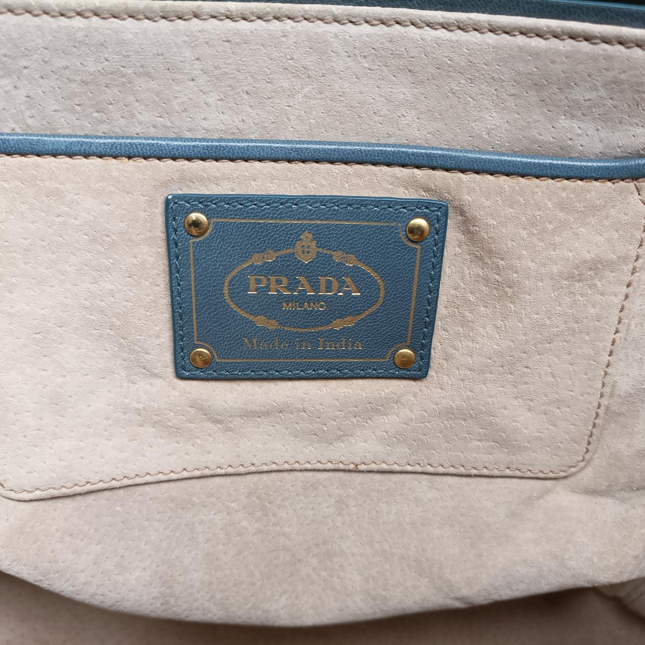 Pre-owned Prada MADRAS Beige×blue Leather  shoulderbag | stylenewstar