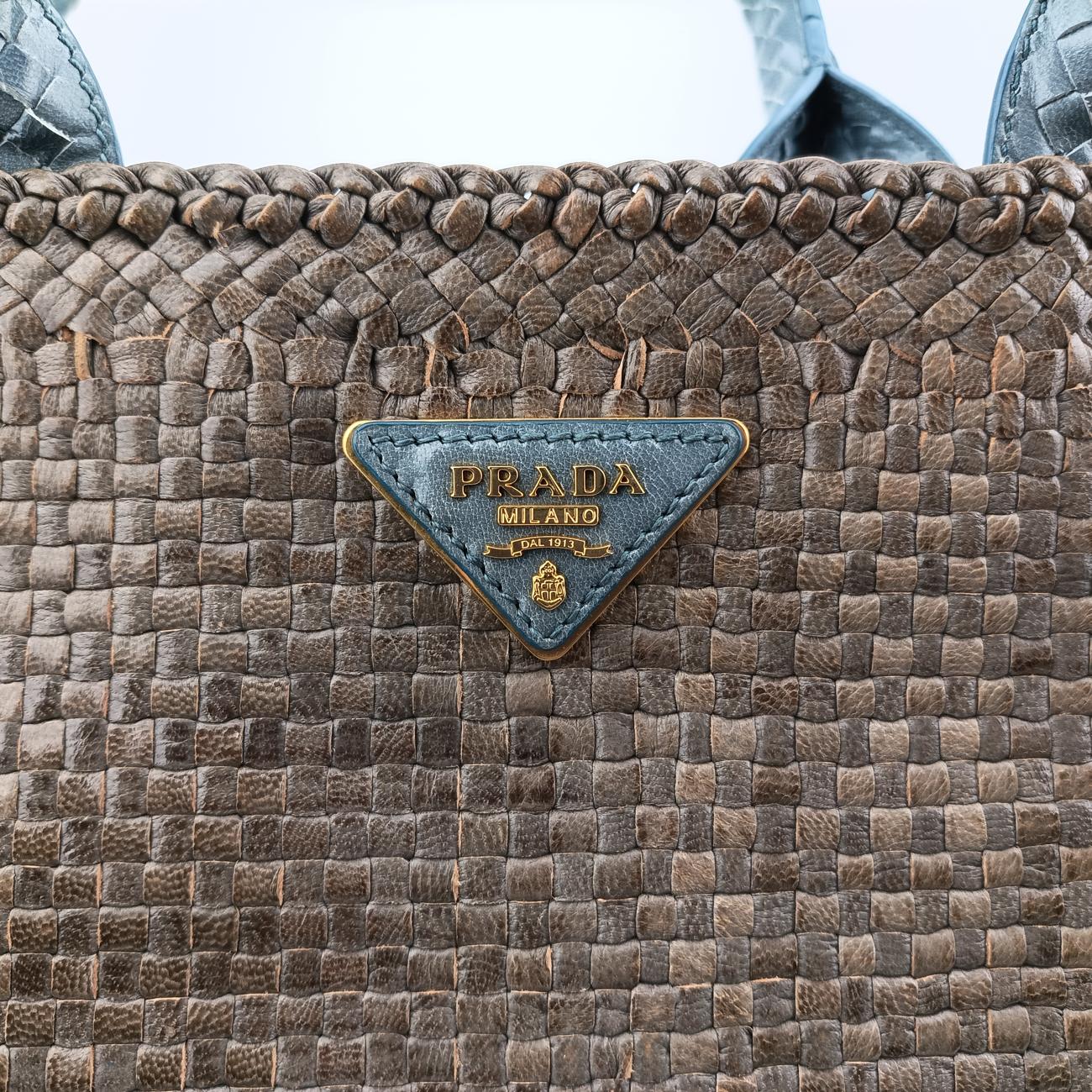 Pre-owned Prada MADRAS Beige×blue Leather  shoulderbag | stylenewstar