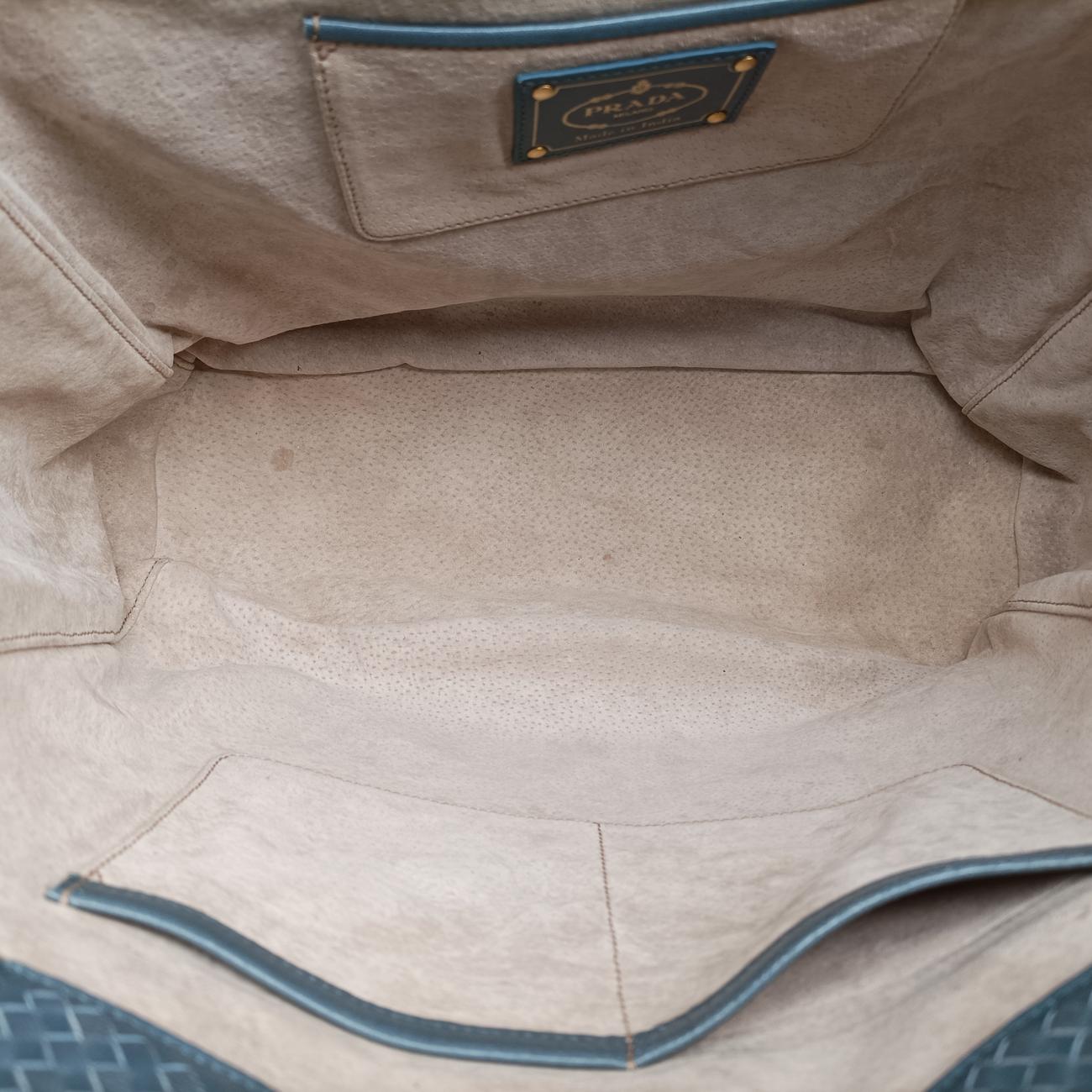 Pre-owned Prada MADRAS Beige×blue Leather  shoulderbag | stylenewstar