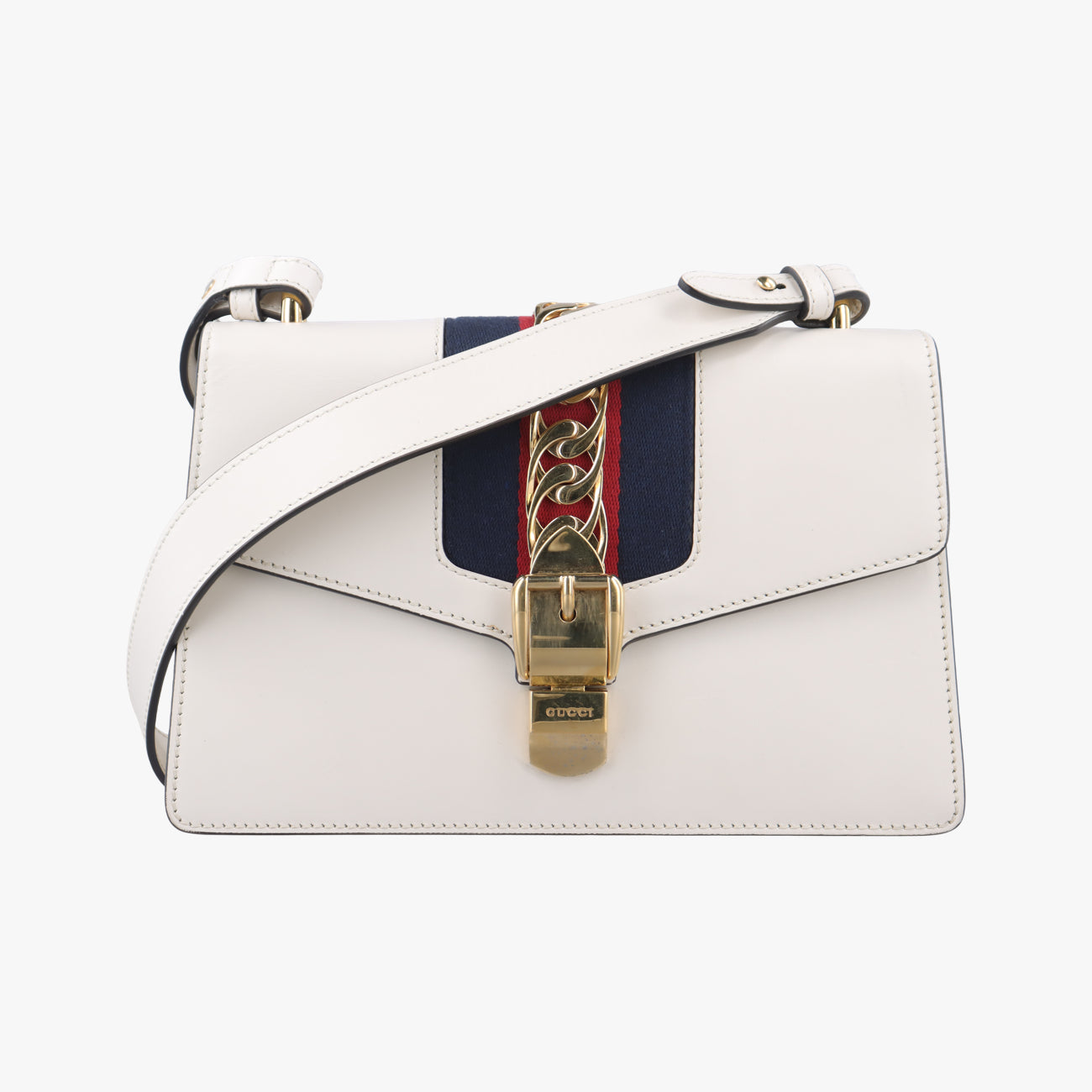 Pre-owned Gucci Sylvie Ivory× navy × red Leather 421882 shoulderbag | stylenewstar