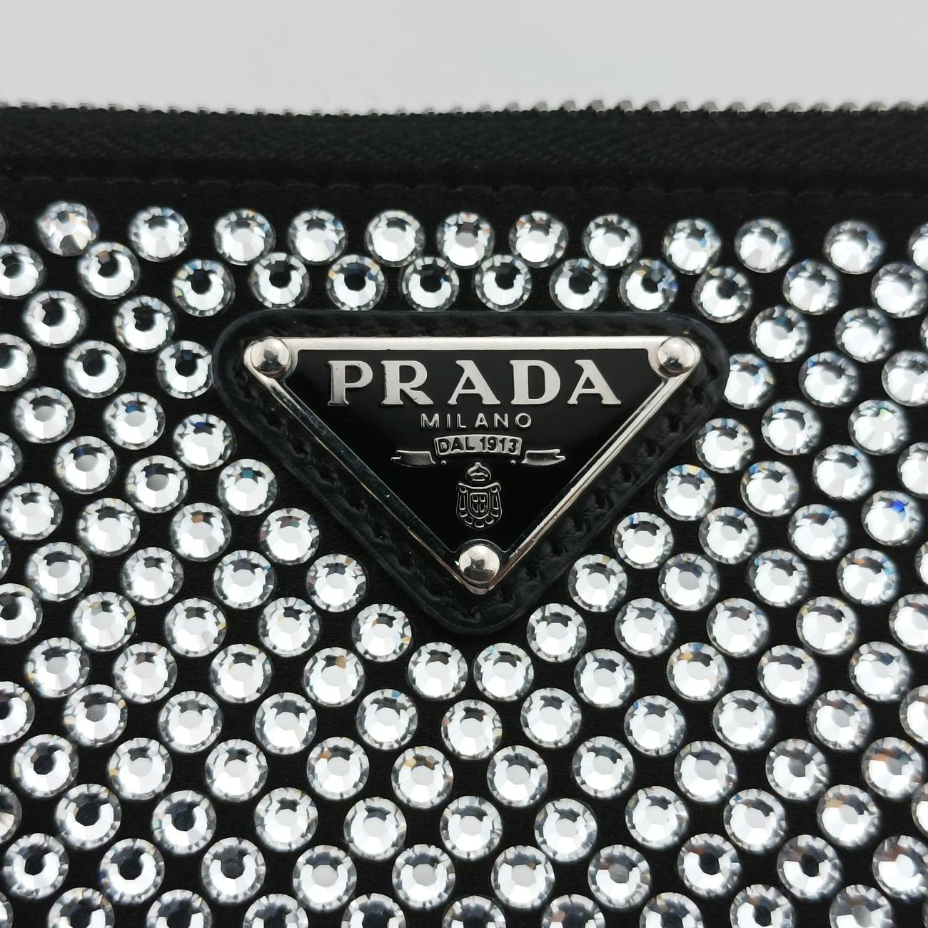 Pre-owned Prada Triangle Crystal Black Leather 1NR015 shoulderbag | stylenewstar