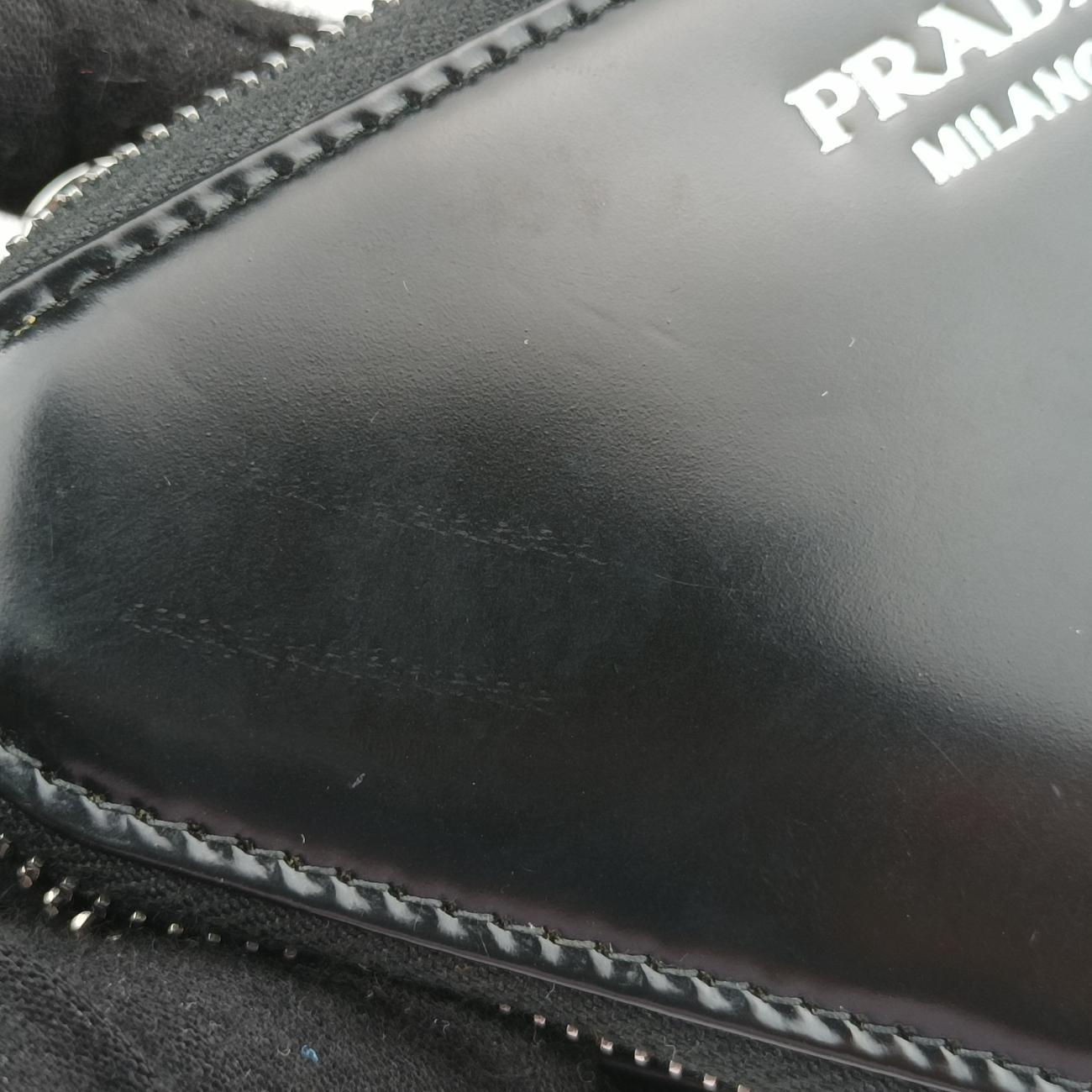 Pre-owned Prada Triangle Crystal Black Leather 1NR015 shoulderbag | stylenewstar