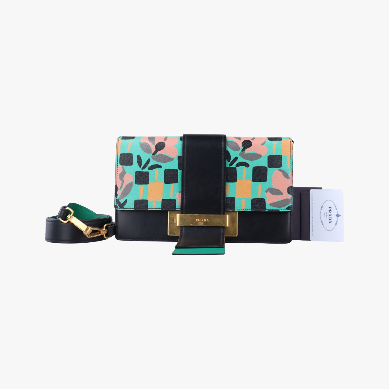 Secondhand Prada Floral Print Plex Metal Ribbon Green×Black×Multicolour Leather  shoulderbag | stylenewstar