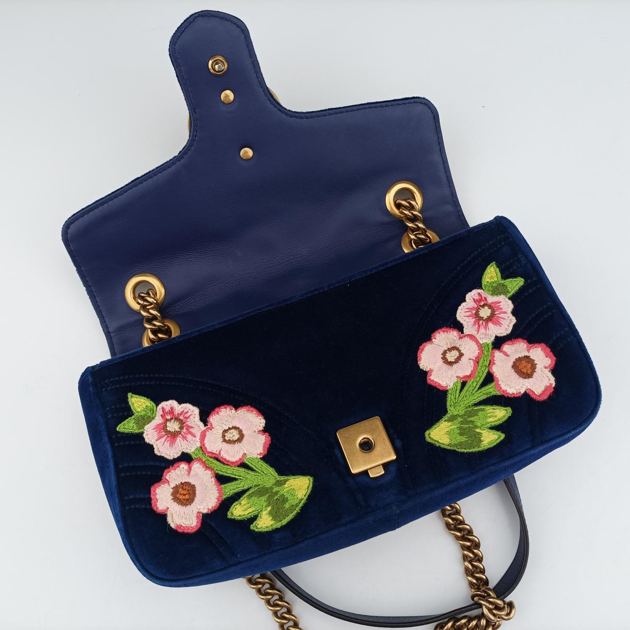 Pre-owned Gucci GG Marmont Navy×Multicolour velour 443497 shoulderbag | stylenewstar