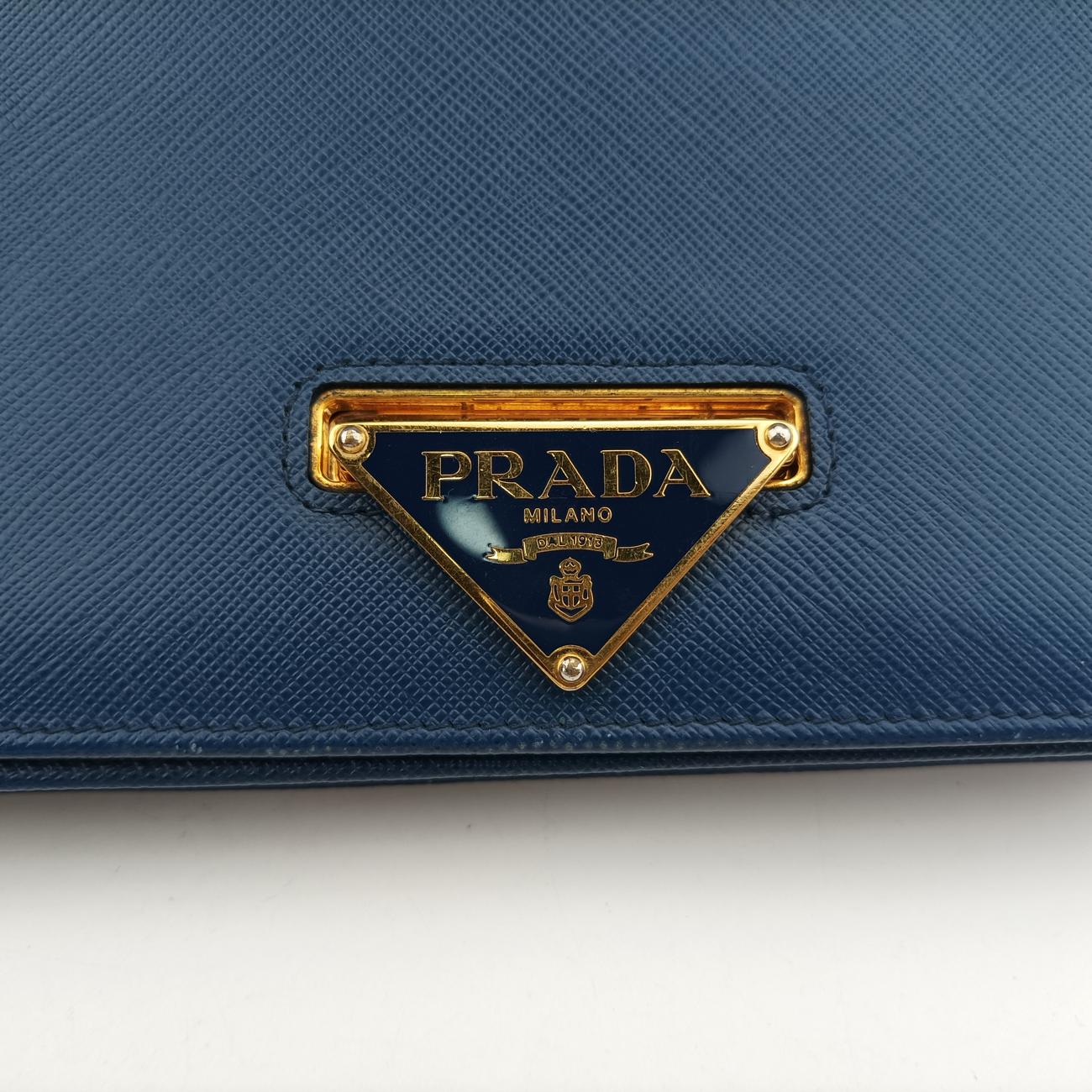 Pre-owned Prada Triangle Logo Blue Saffiano Leather WS23659 shoulderbag | stylenewstar