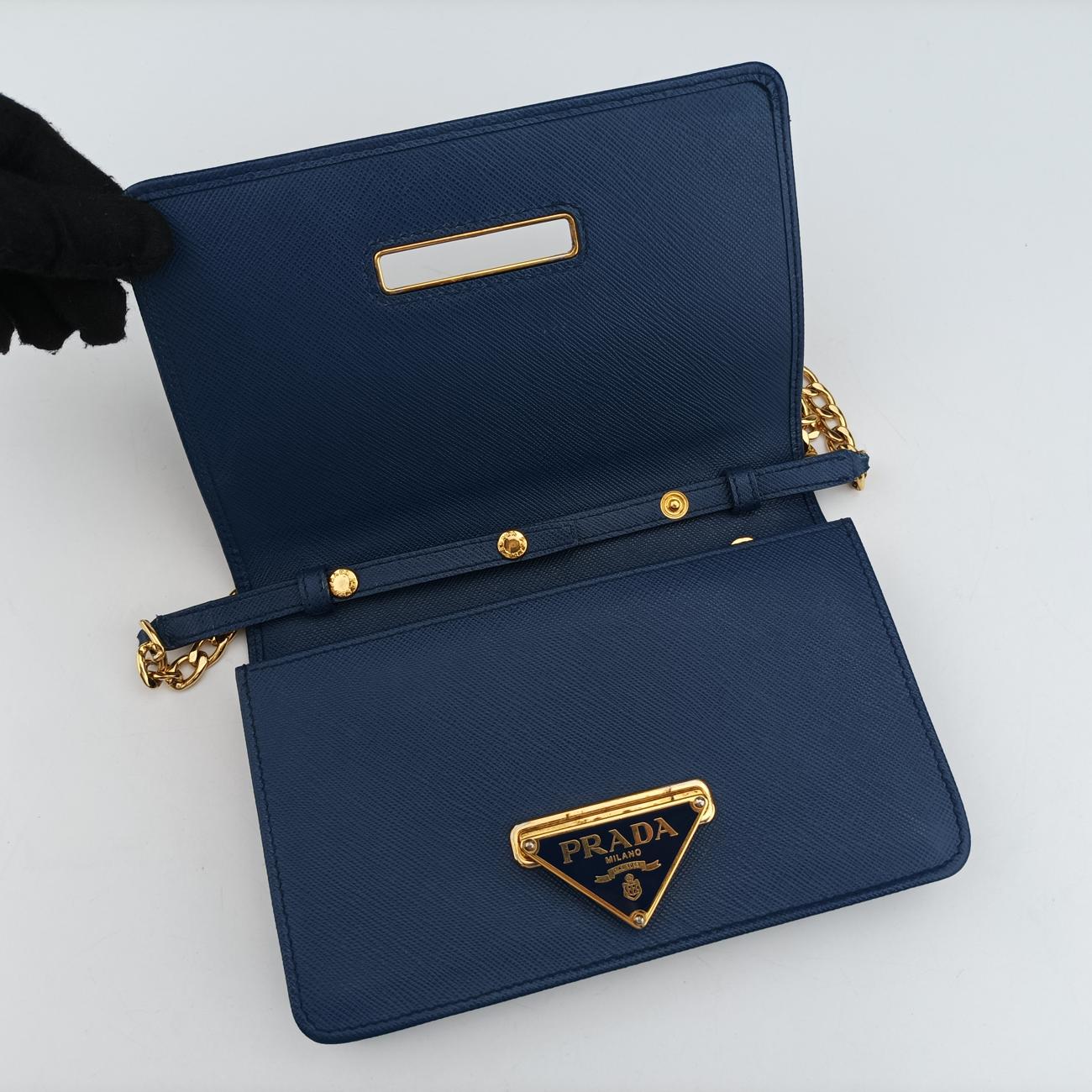 Pre-owned Prada Triangle Logo Blue Saffiano Leather WS23659 shoulderbag | stylenewstar