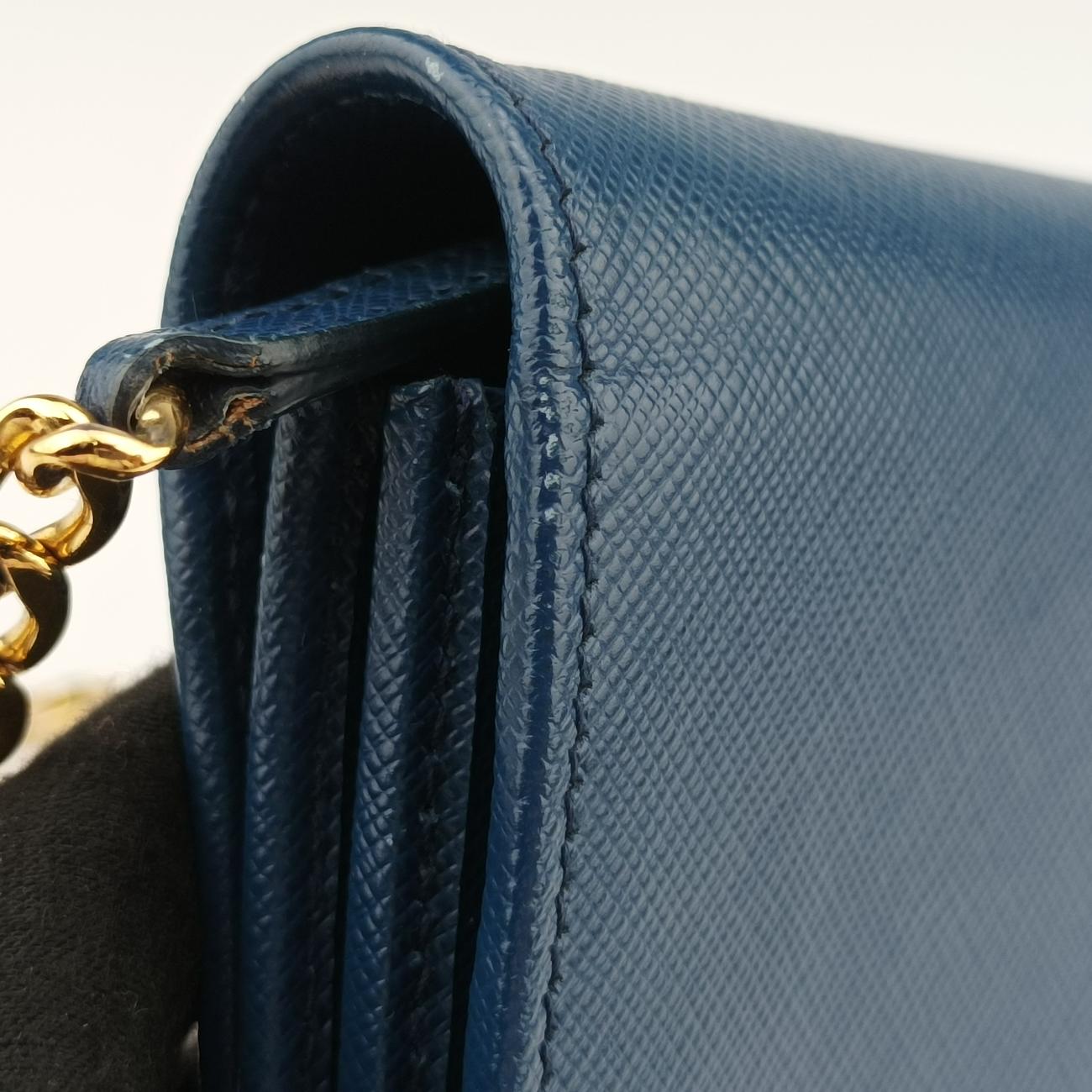 Pre-owned Prada Triangle Logo Blue Saffiano Leather WS23659 shoulderbag | stylenewstar