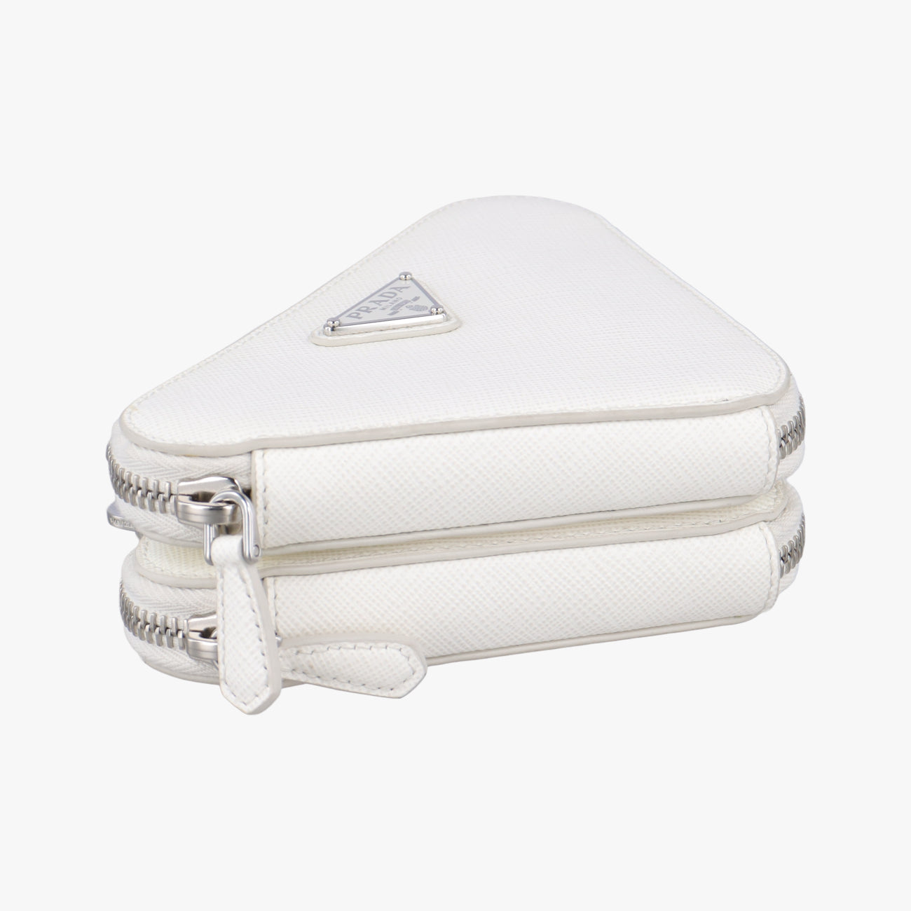 Secondhand Prada Triangle Logo Plate White SAFFIANO Leather 1NR015 shoulderbag | stylenewstar