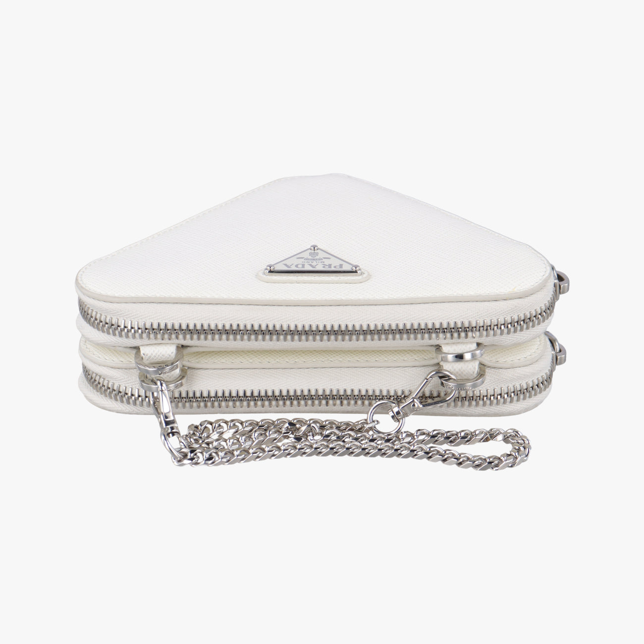 Secondhand Prada Triangle Logo Plate White SAFFIANO Leather 1NR015 shoulderbag | stylenewstar