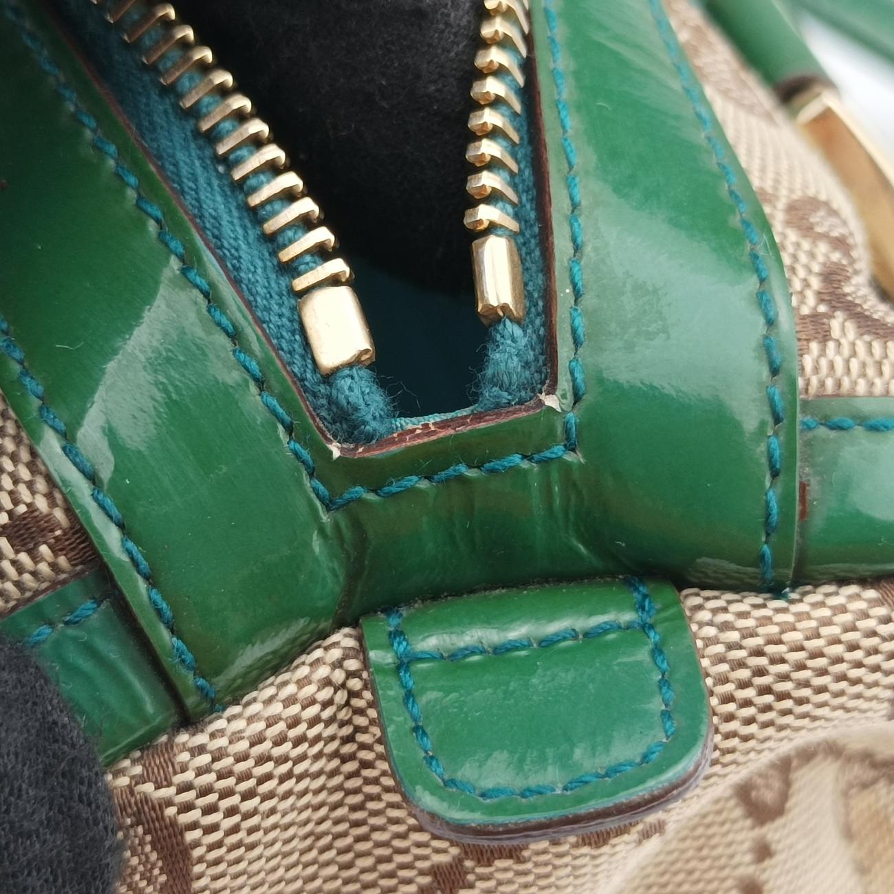 Secondhand Gucci Abbey Beige×Green Canvas×Patent 130942 handbag | stylenewstar