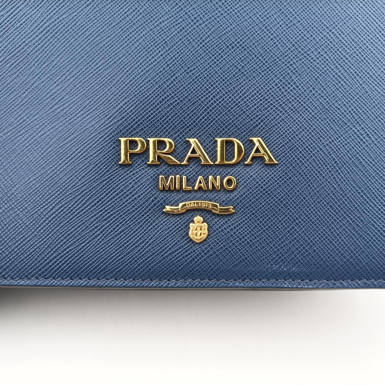Pre-owned Prada milano logo Blue Saffiano Leather 1BP012 shoulderbag | stylenewstar