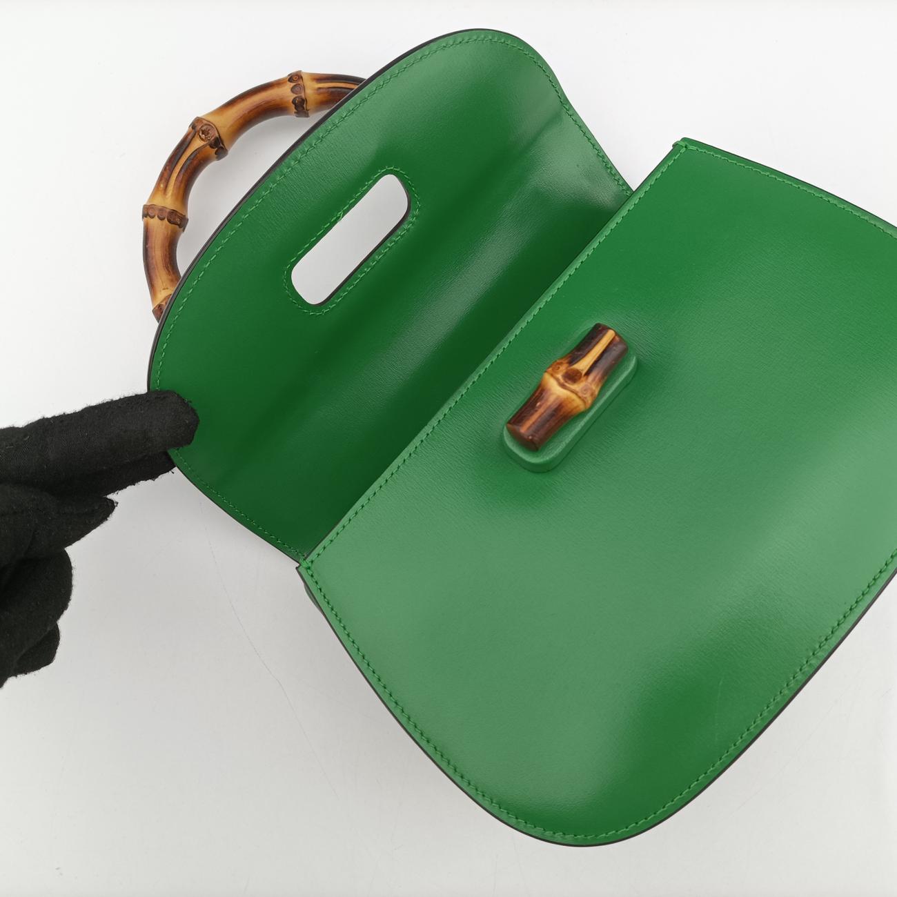 Pre-owned Gucci New Bamboo Green Leather 675797 shoulderbag | stylenewstar