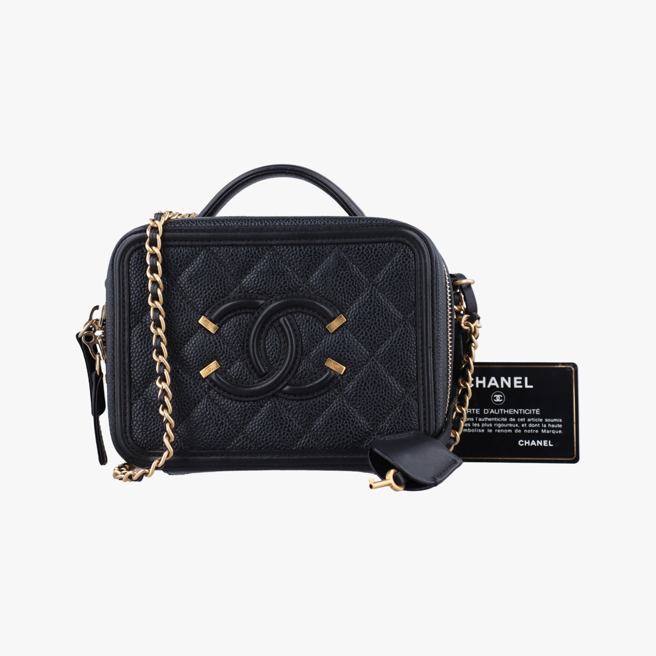Pre-owned Chanel Filigree Vanity Case Black caviar skin A93342 shoulderbag | stylenewstar