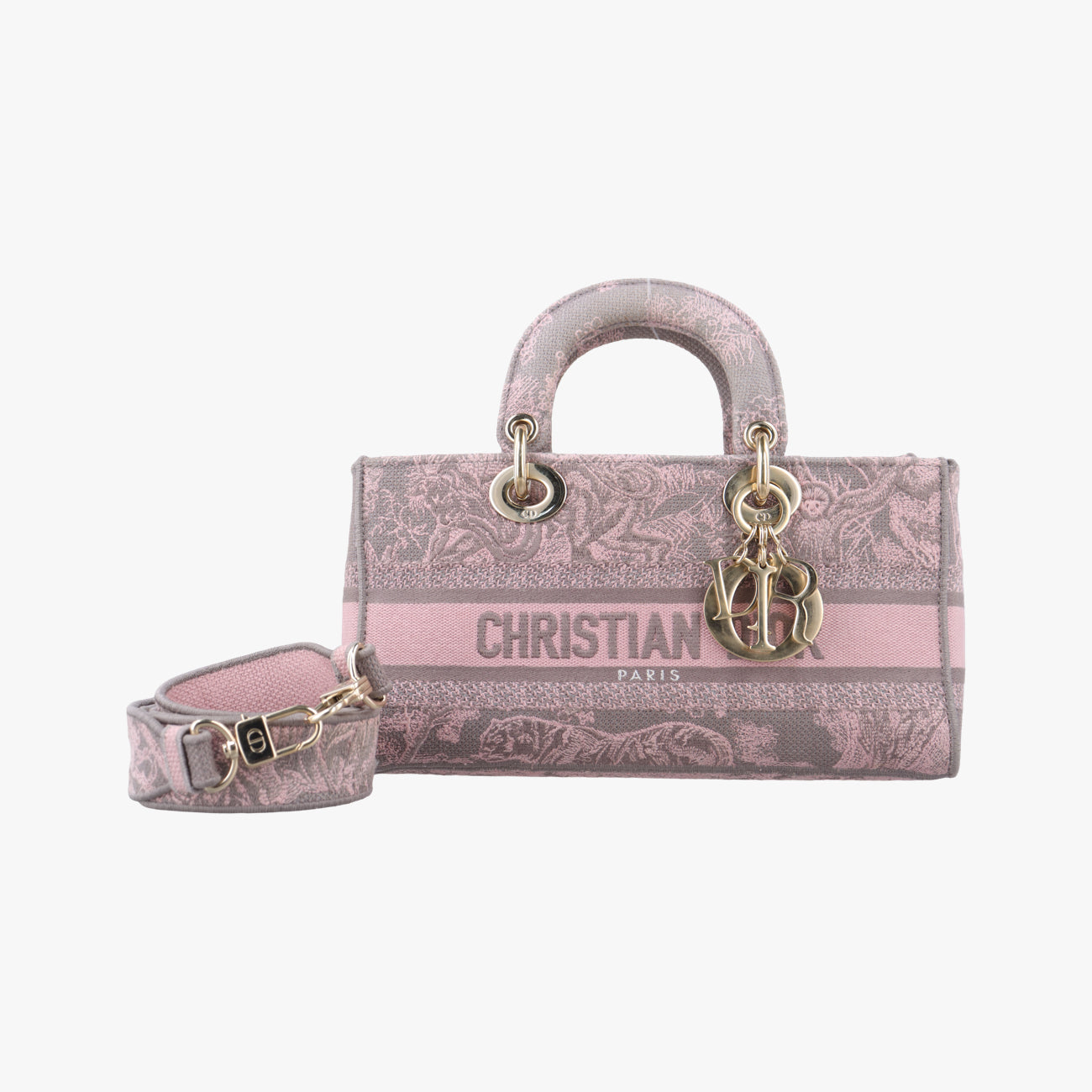 Pre-owned Christian Dior Medium Lady D-Joy Toile de Jouy Grau Pink×grey canvas  shoulderbag | stylenewstar