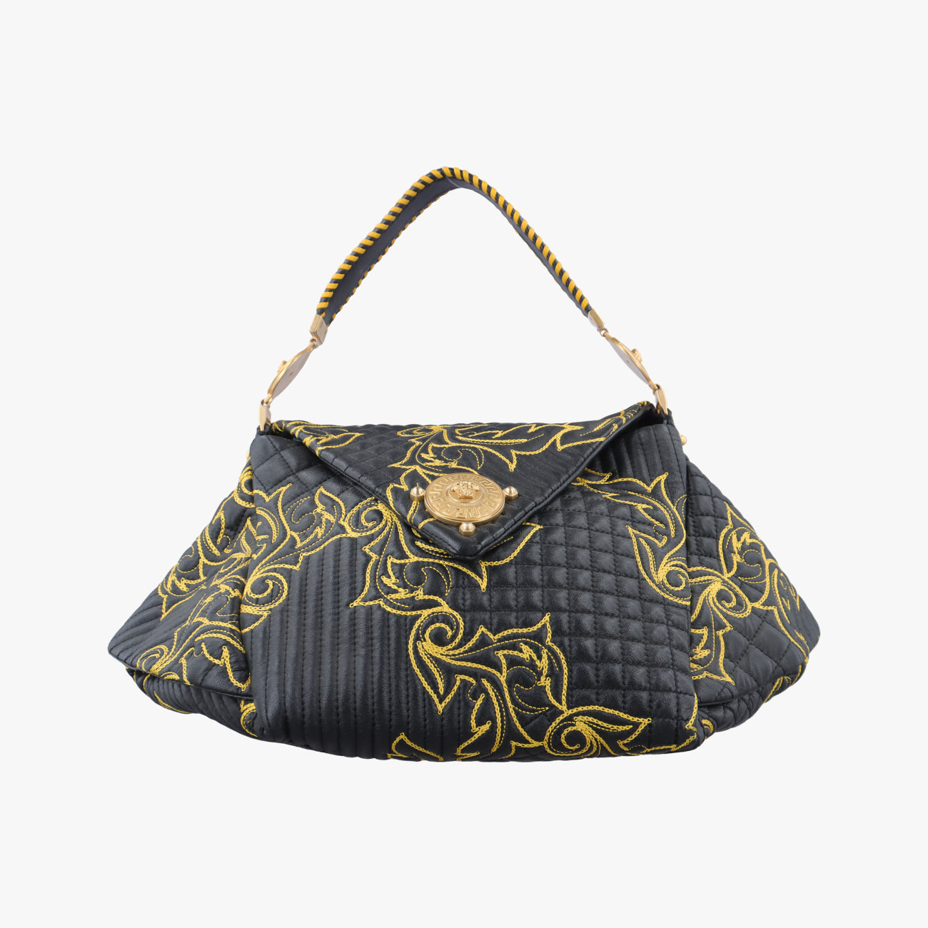Secondhand VERSACE Barocco Floral Stitch Top Black×Yellow leather  handbag | stylenewstar