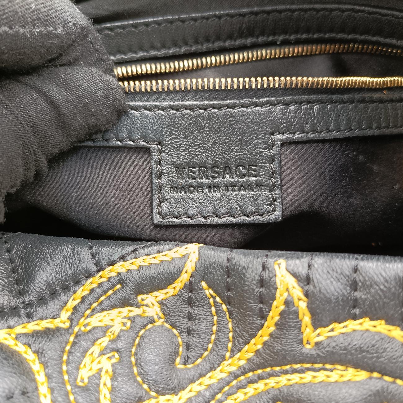 Secondhand VERSACE Barocco Floral Stitch Top Black×Yellow leather  handbag | stylenewstar