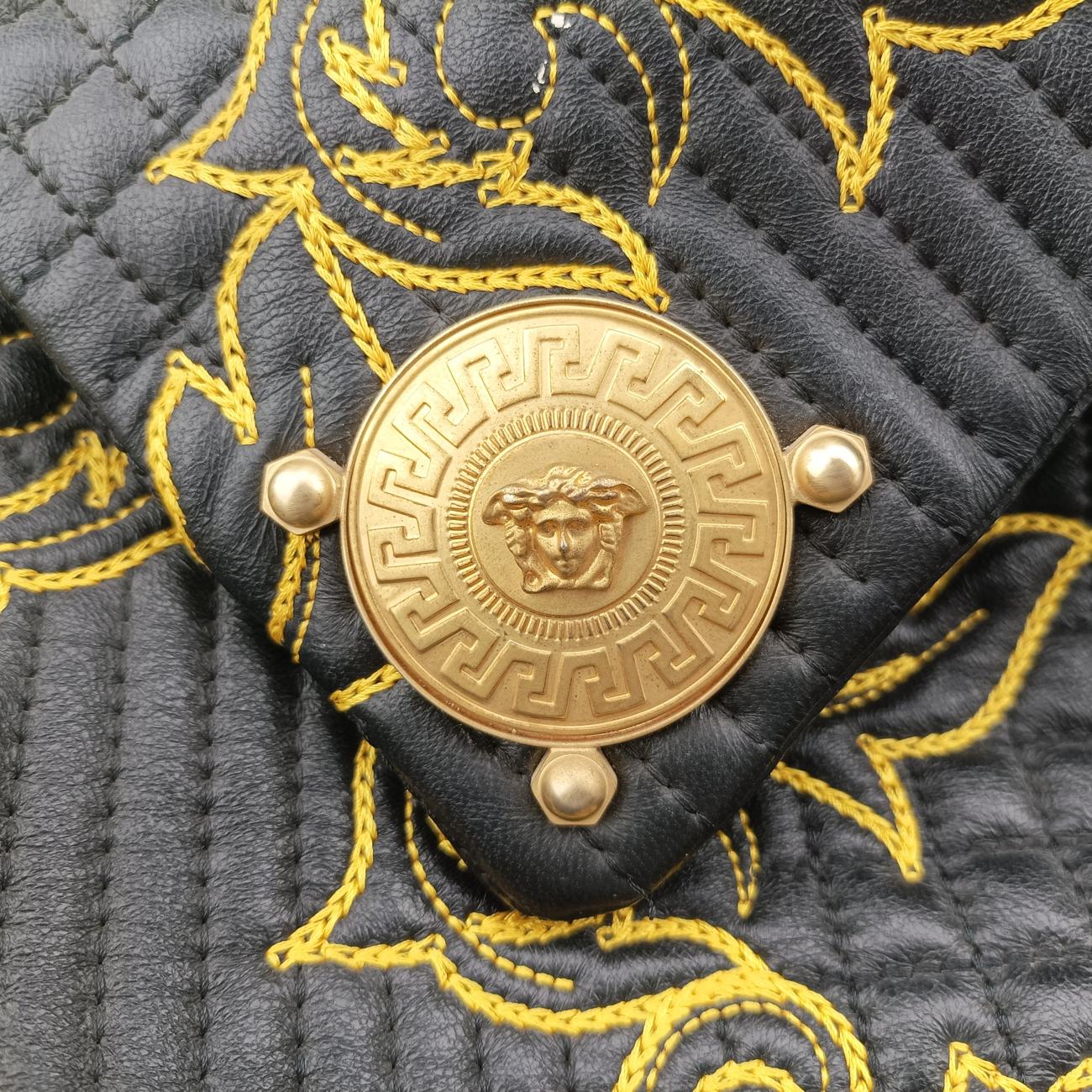 Secondhand VERSACE Barocco Floral Stitch Top Black×Yellow leather  handbag | stylenewstar