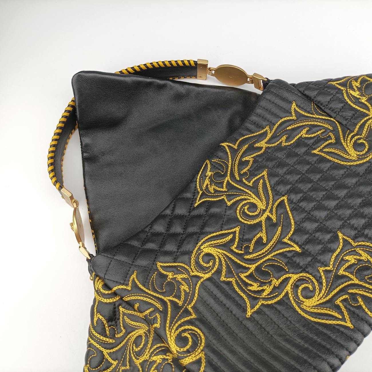 Secondhand VERSACE Barocco Floral Stitch Top Black×Yellow leather  handbag | stylenewstar