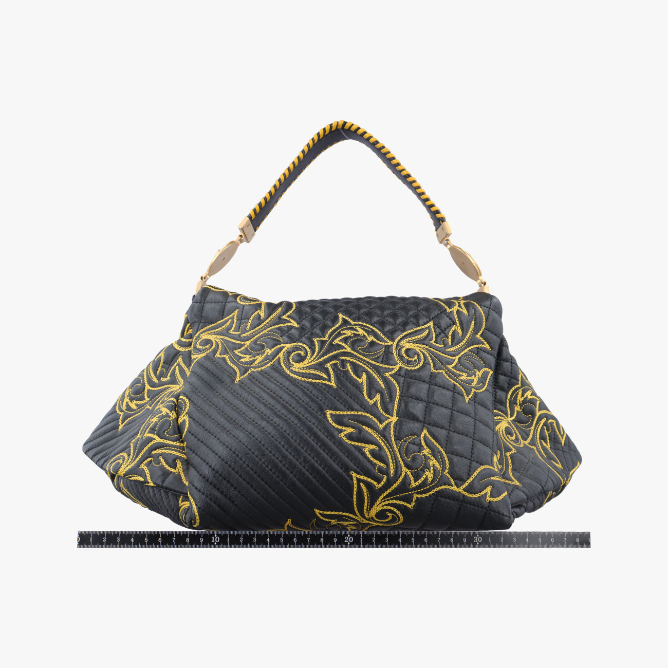 Secondhand VERSACE Barocco Floral Stitch Top Black×Yellow leather  handbag | stylenewstar