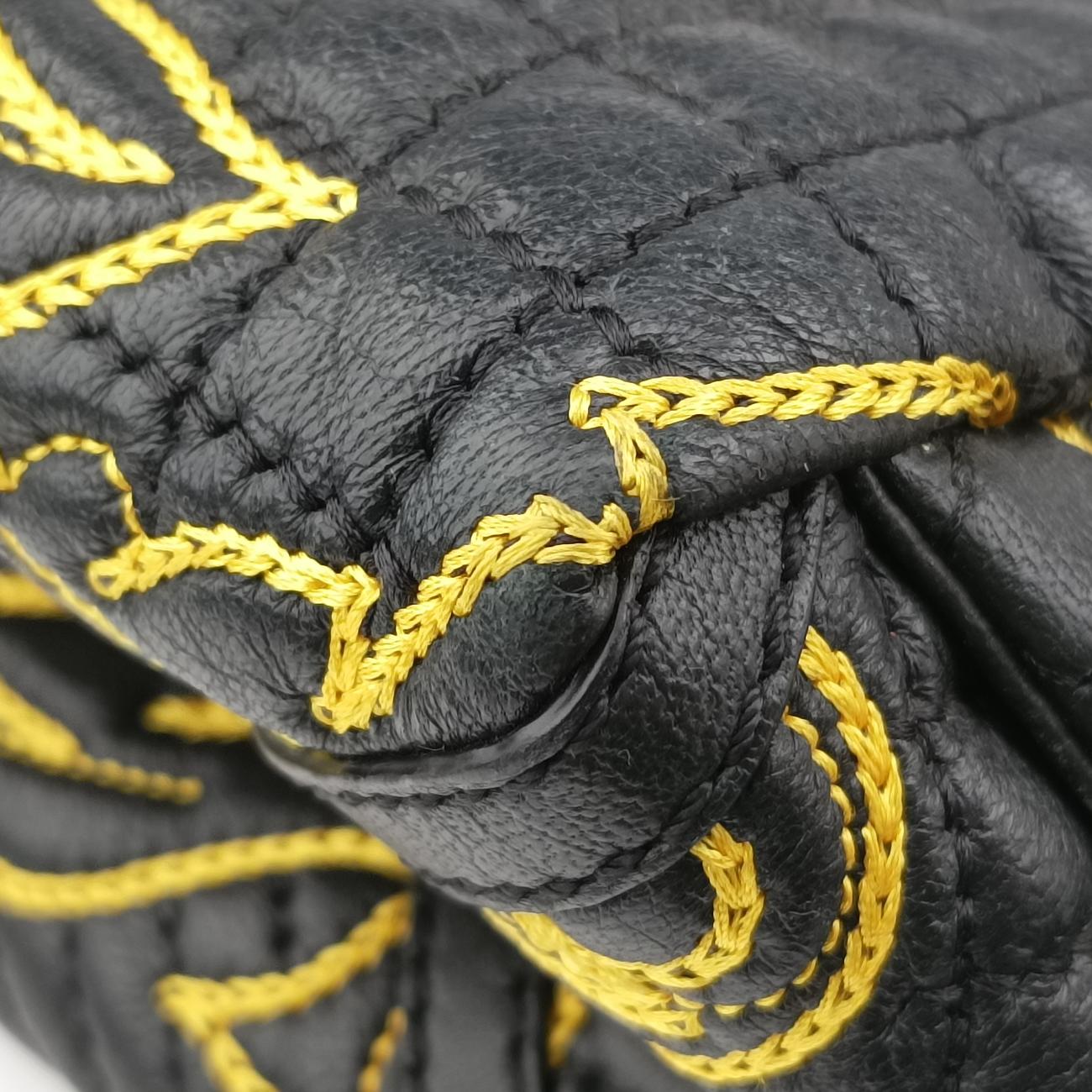 Secondhand VERSACE Barocco Floral Stitch Top Black×Yellow leather  handbag | stylenewstar