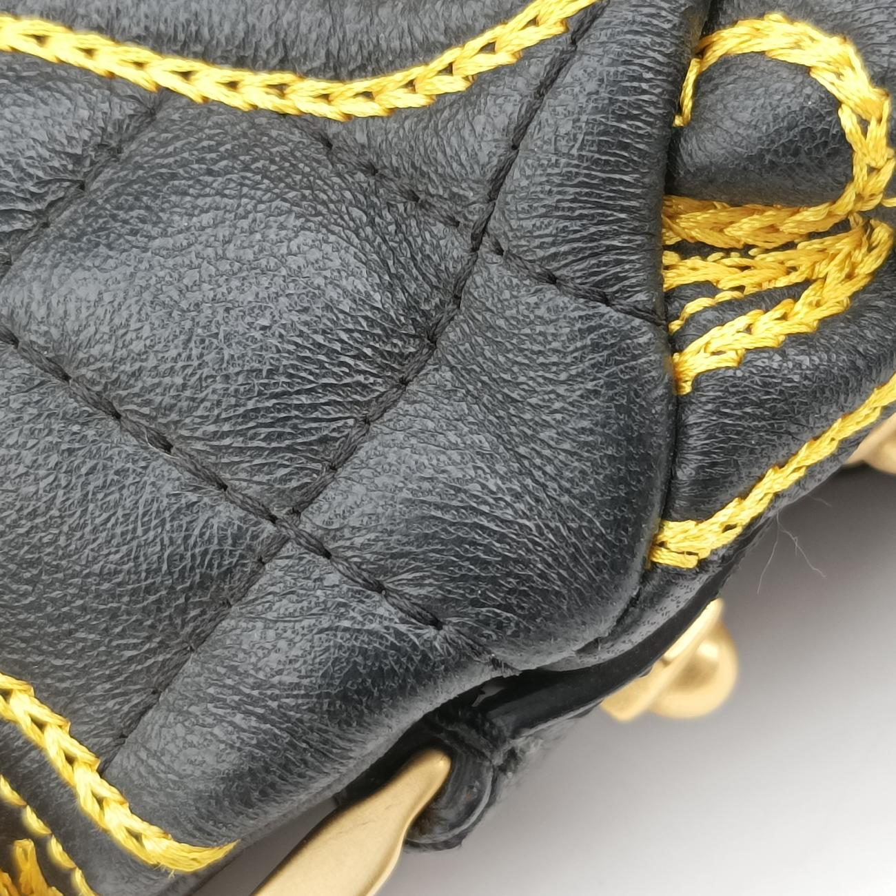 Secondhand VERSACE Barocco Floral Stitch Top Black×Yellow leather  handbag | stylenewstar