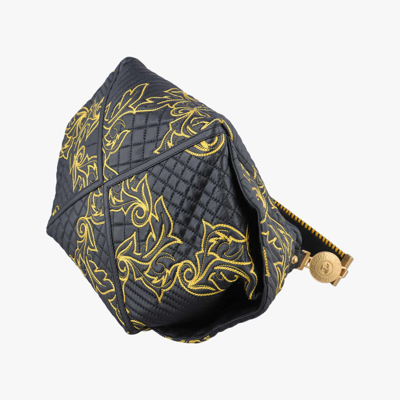 Secondhand VERSACE Barocco Floral Stitch Top Black×Yellow leather  handbag | stylenewstar