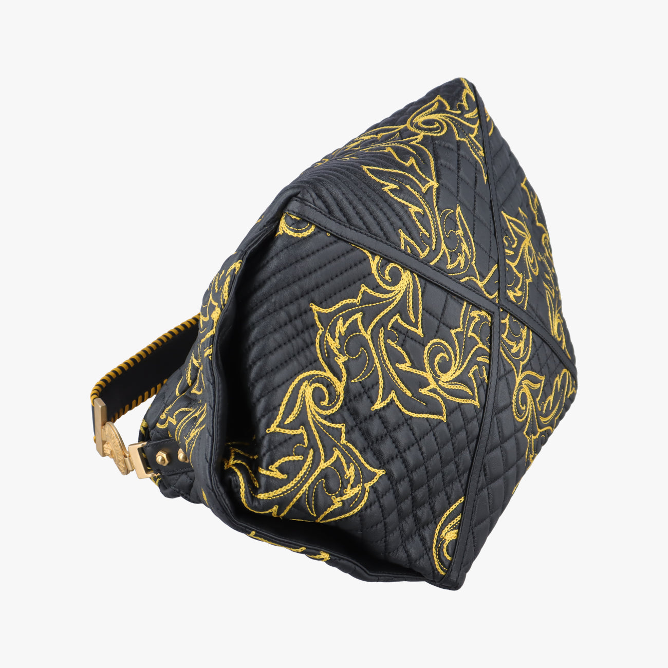 Secondhand VERSACE Barocco Floral Stitch Top Black×Yellow leather  handbag | stylenewstar
