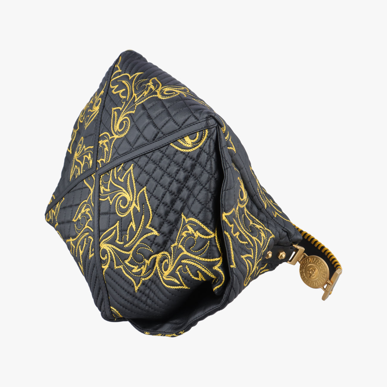Secondhand VERSACE Barocco Floral Stitch Top Black×Yellow leather  handbag | stylenewstar