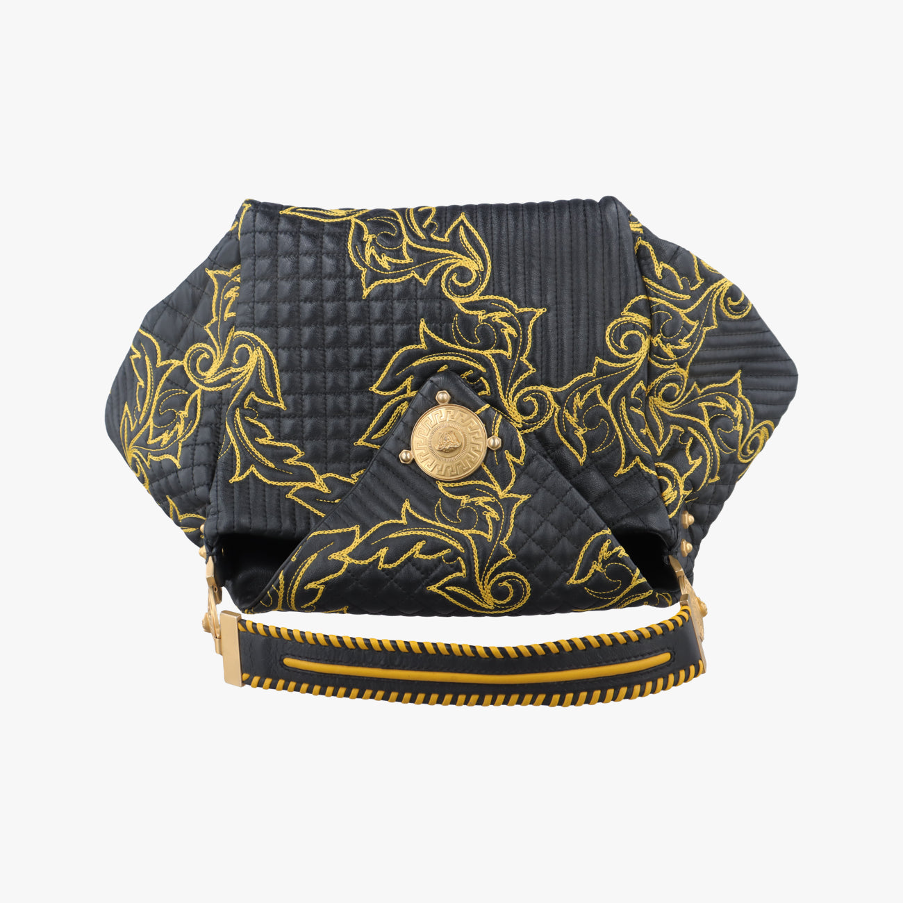 Secondhand VERSACE Barocco Floral Stitch Top Black×Yellow leather  handbag | stylenewstar