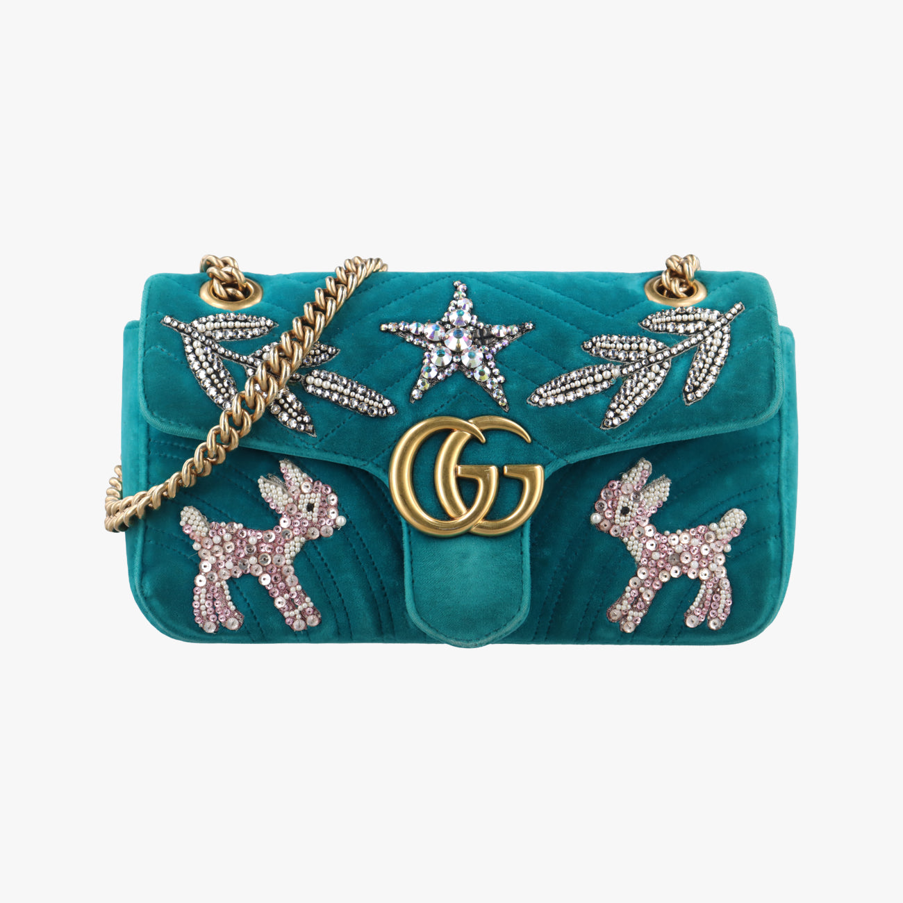 Pre-owned Gucci GG Marmont Blue×multicolor velour 443497 shoulderbag | stylenewstar