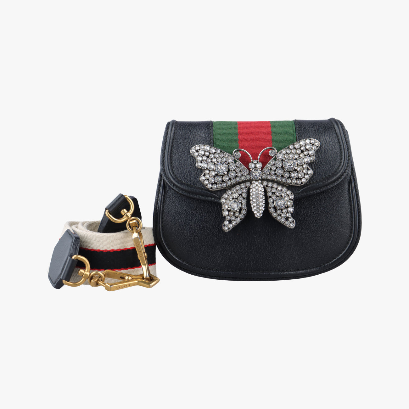 Pre-owned Gucci Web Crystal Butterfly Linea Totem Blackｘmulticolor Leather 505387 shoulderbag | stylenewstar