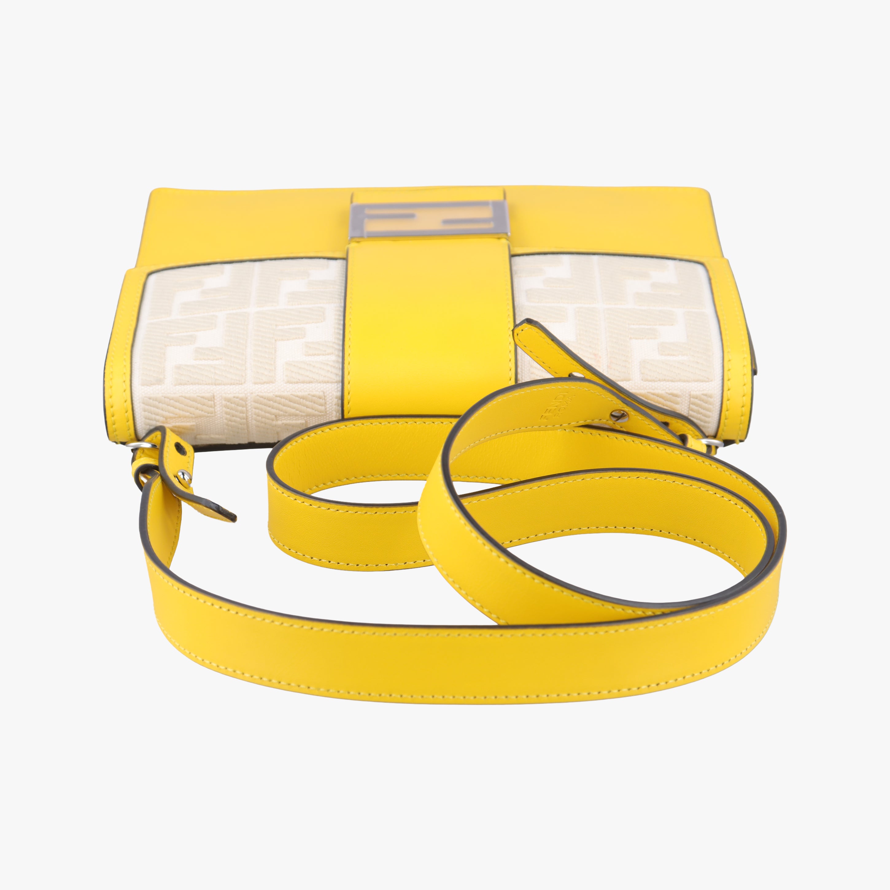 Pre-owned Fendi Zucca Flat Baguette Yellow×white Leather×canvas 7VA524 shoulderbag | stylenewstar