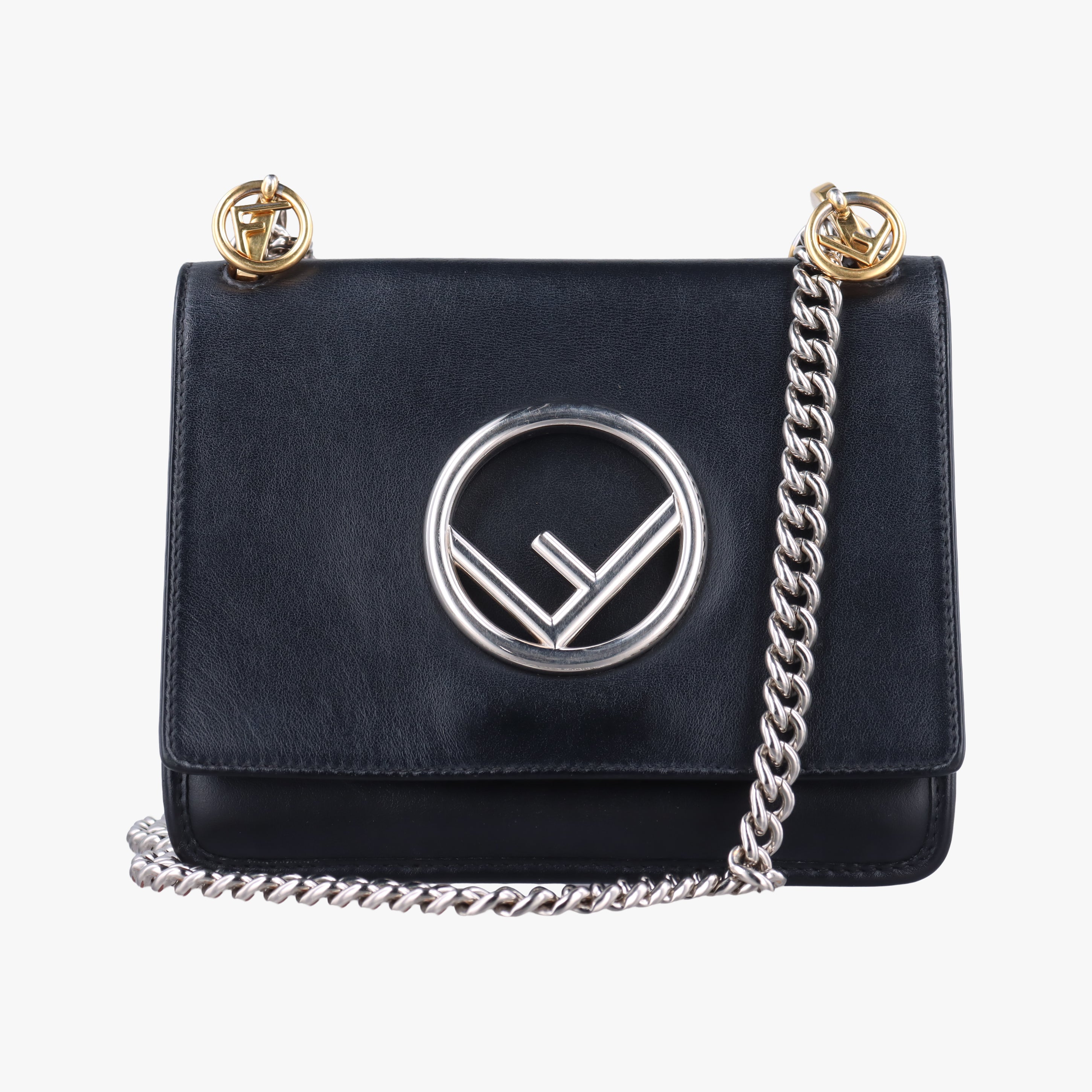 Pre-owned Fendi KAN I F Black Leather 8BT286 shoulderbag | stylenewstar
