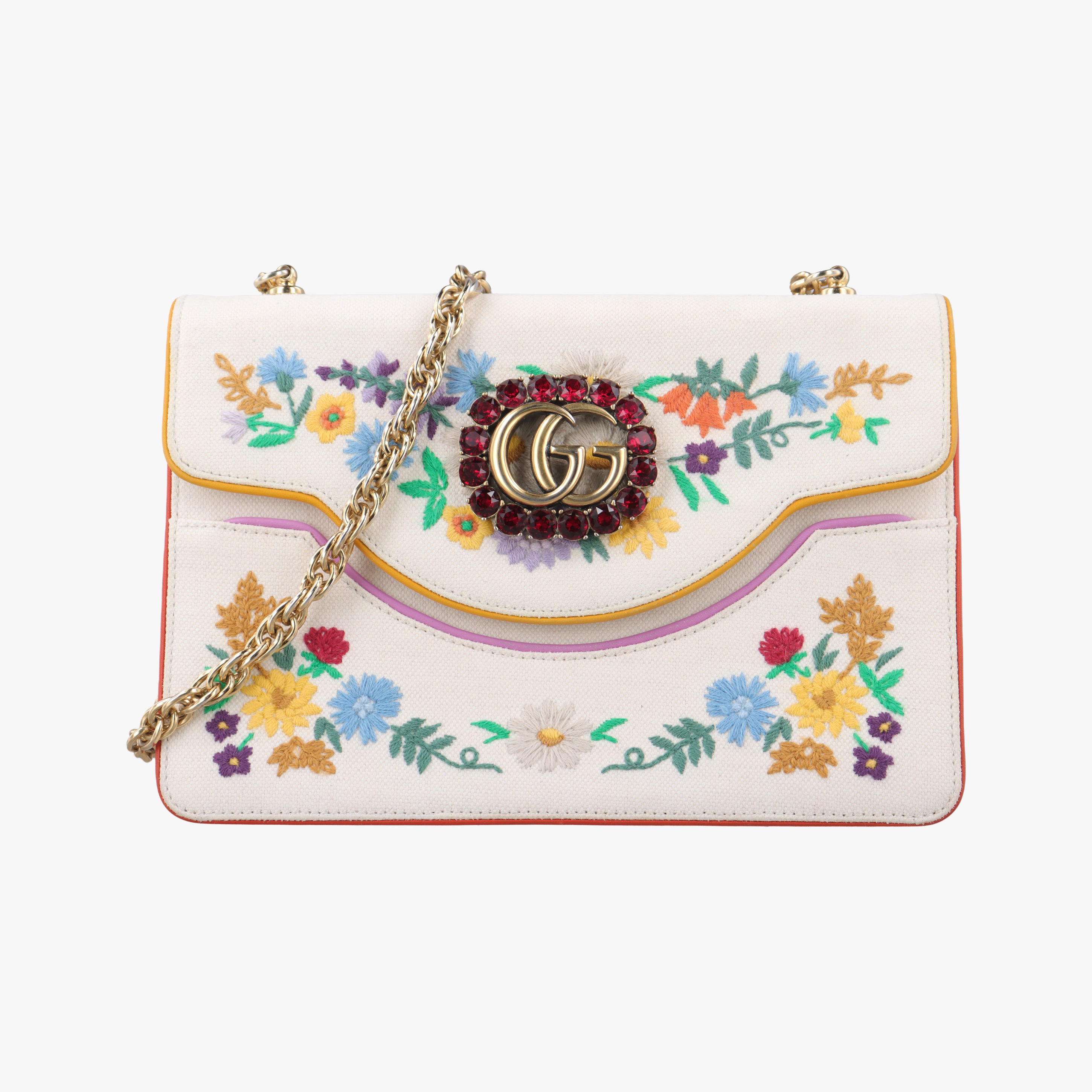 Pre-owned Gucci Cotton Linen Floral Cat White Canvas 499617 shoulderbag | stylenewstar