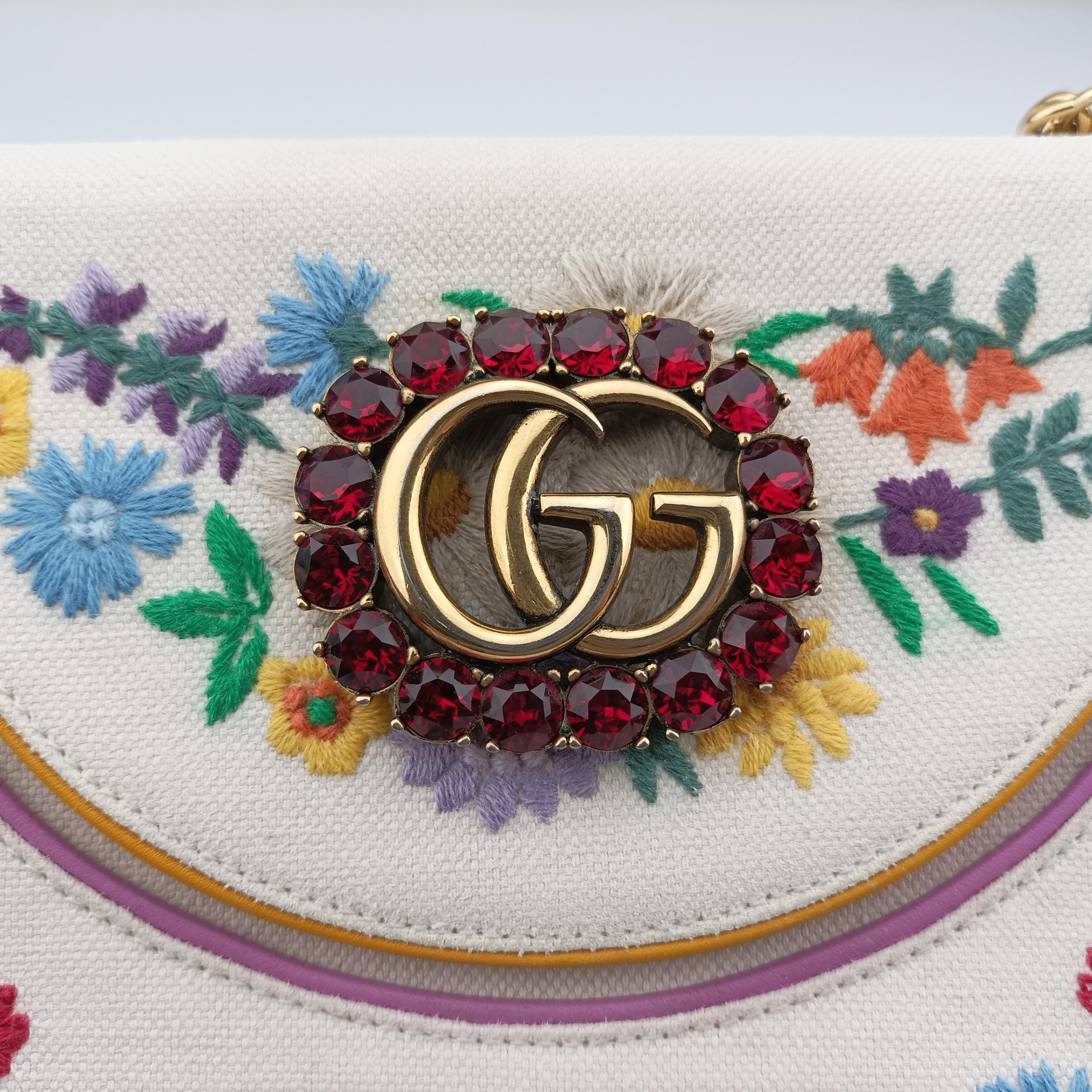 Pre-owned Gucci Cotton Linen Floral Cat White Canvas 499617 shoulderbag | stylenewstar