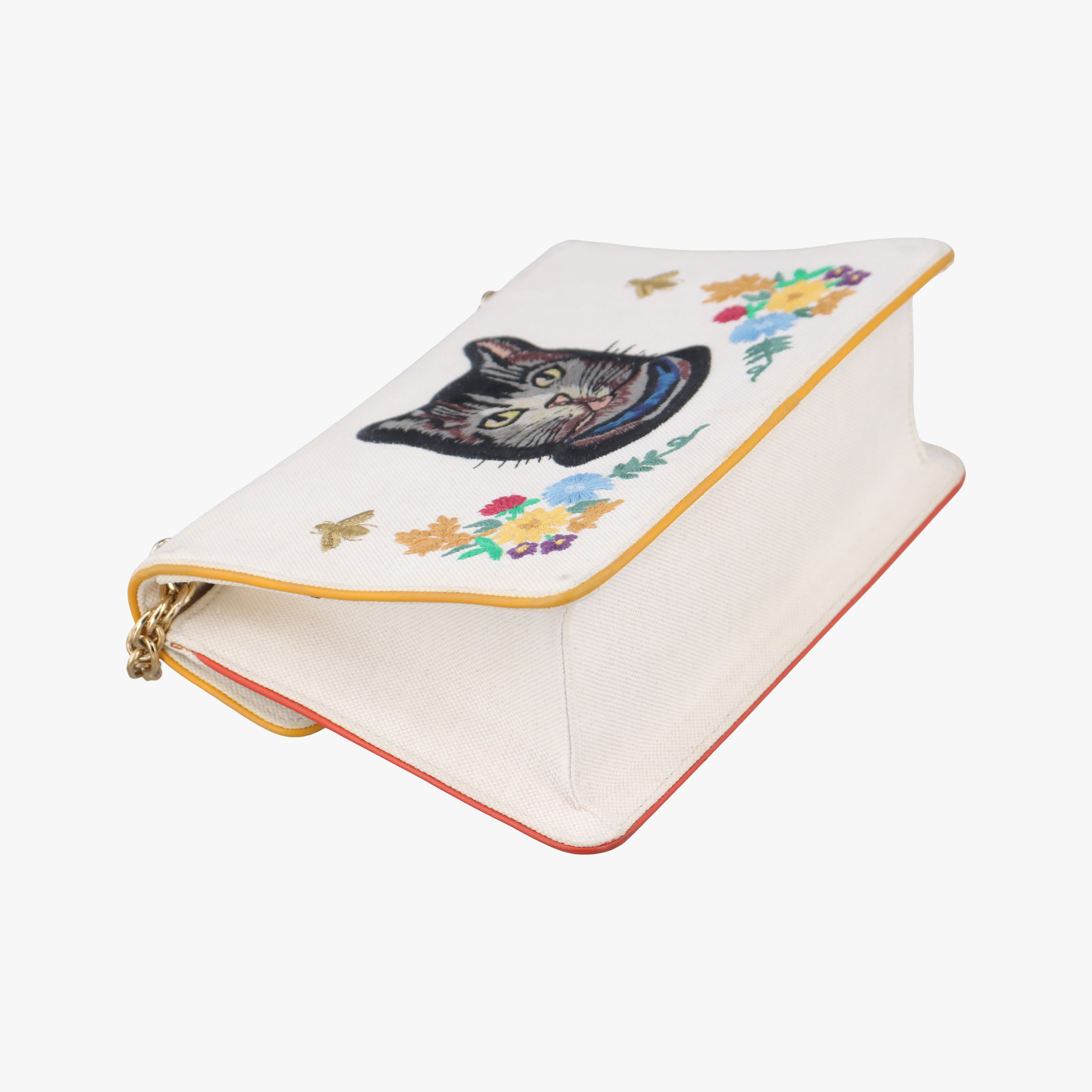 Pre-owned Gucci Cotton Linen Floral Cat White Canvas 499617 shoulderbag | stylenewstar