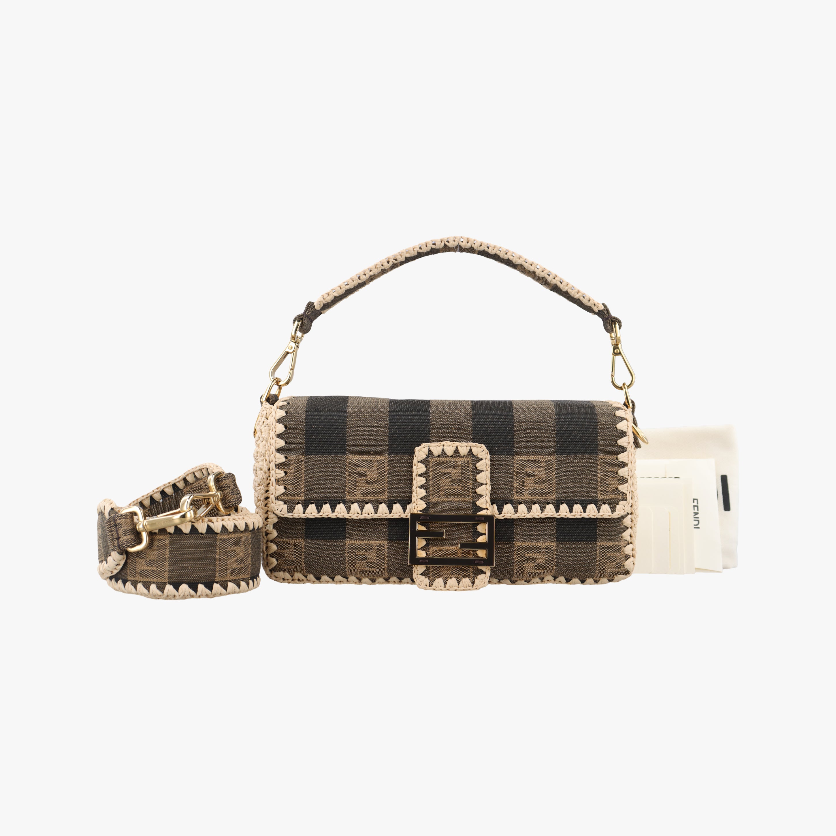 Pre-owned Fendi BAGUETTE Beige×Multicolour Canvas×Straw 8BR600 shoulderbag | stylenewstar