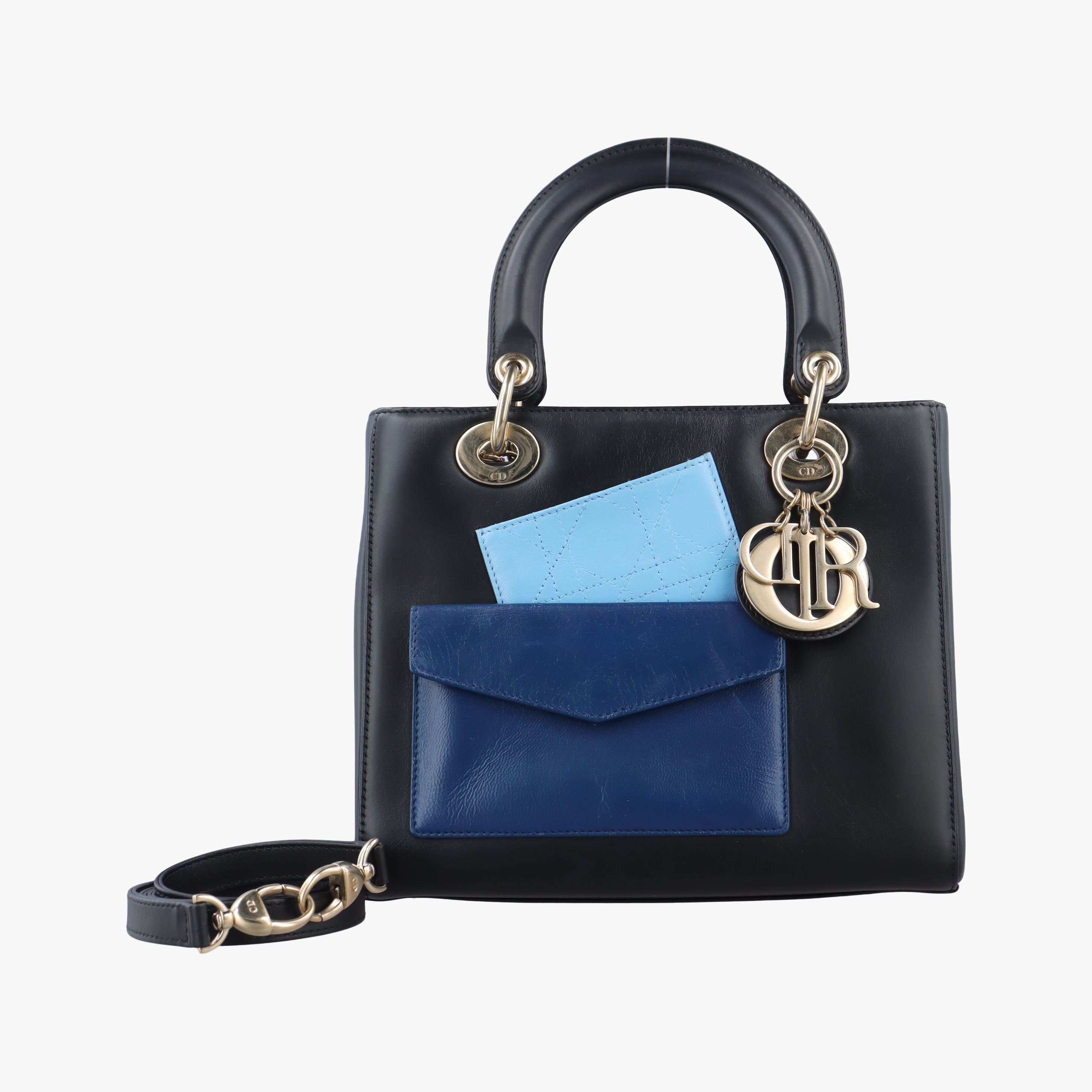 Pre-owned Christian Dior Pocket Lady Dior Black x Blue x Light Blue leather  shoulderbag | stylenewstar