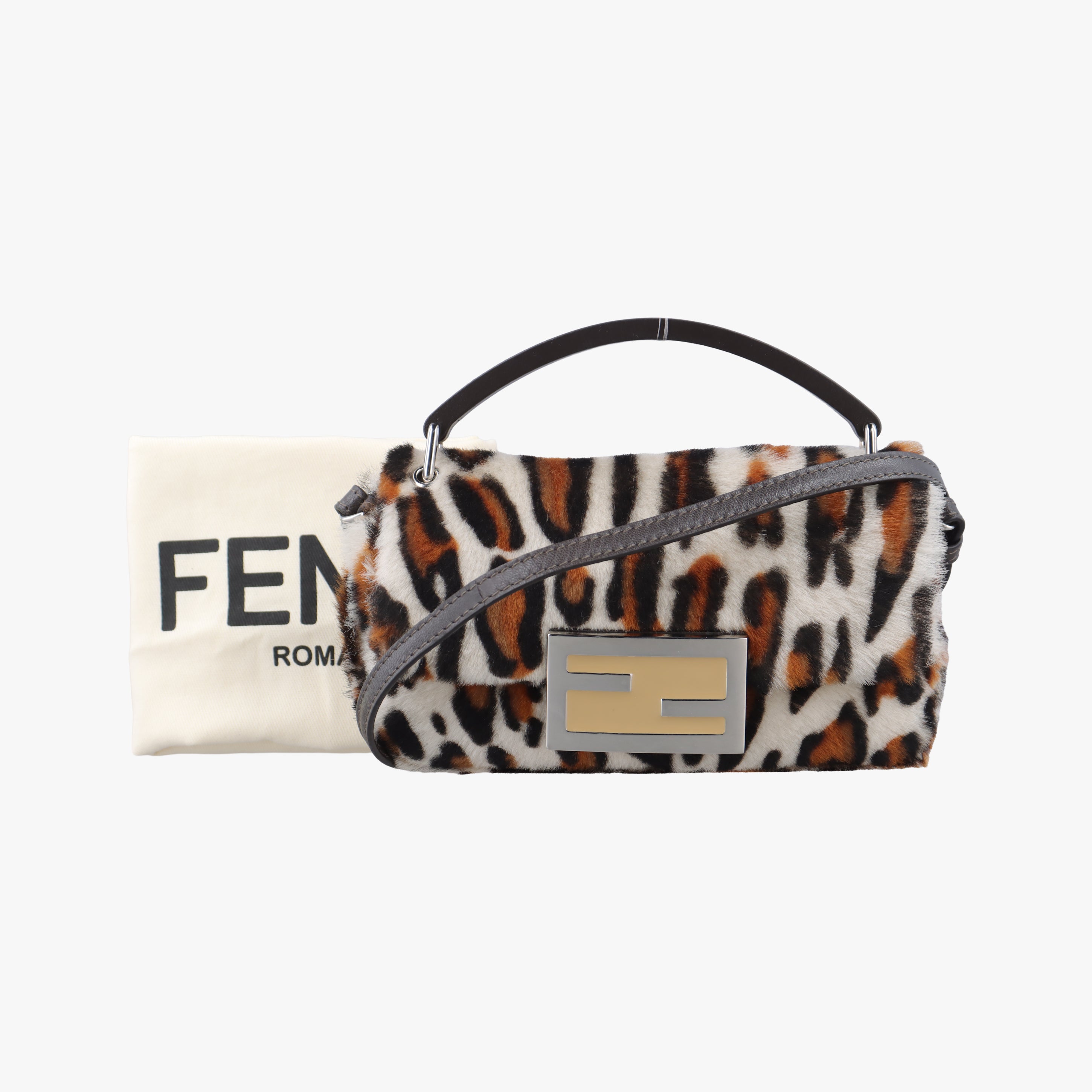Pre-owned Fendi BAGUETTE White x Brown x Black x Multicolor ponyhair 7AS142 shoulderbag | stylenewstar