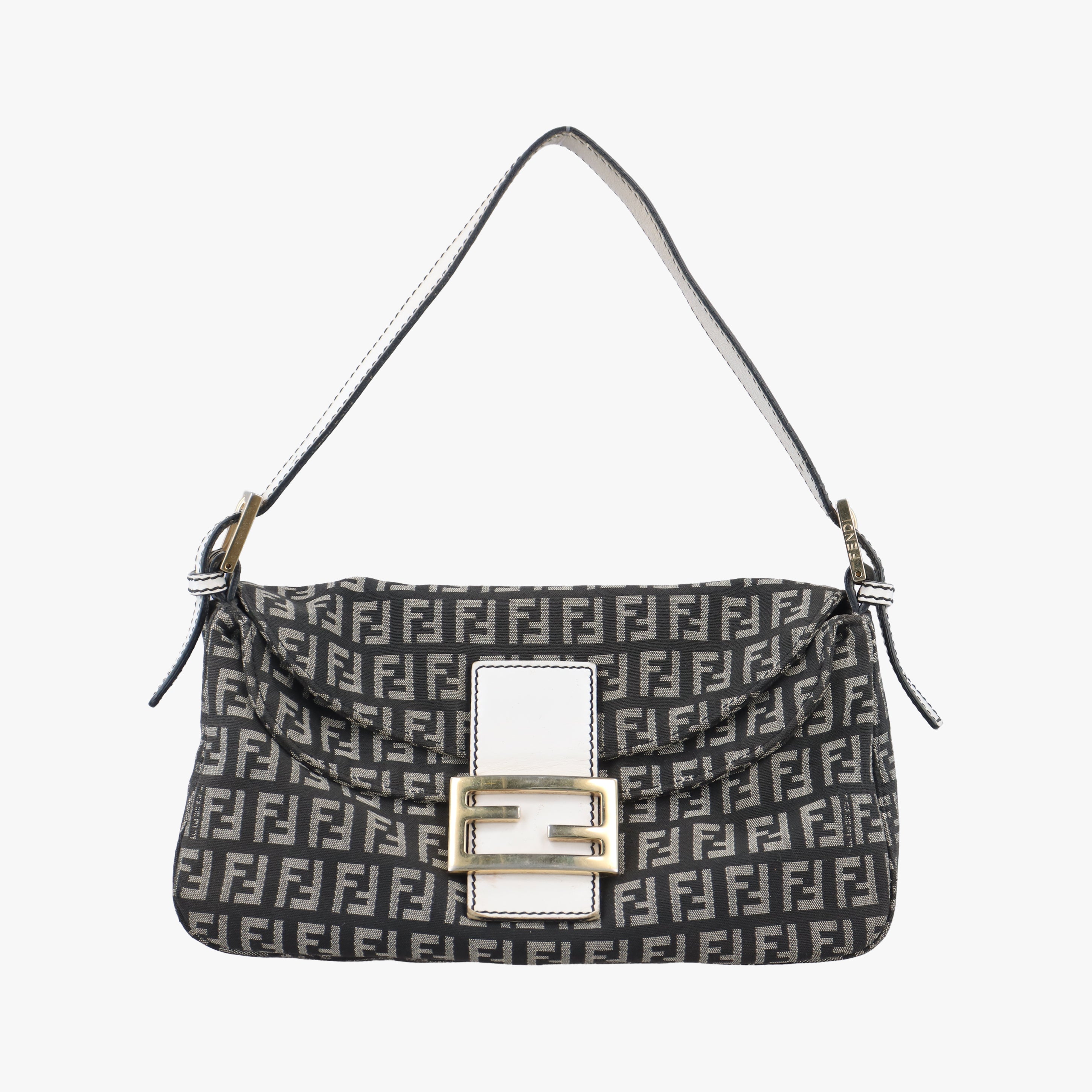 Pre-owned Fendi Zucchino Baguette Black x white x gray canvas 8BR003 shoulderbag | stylenewstar