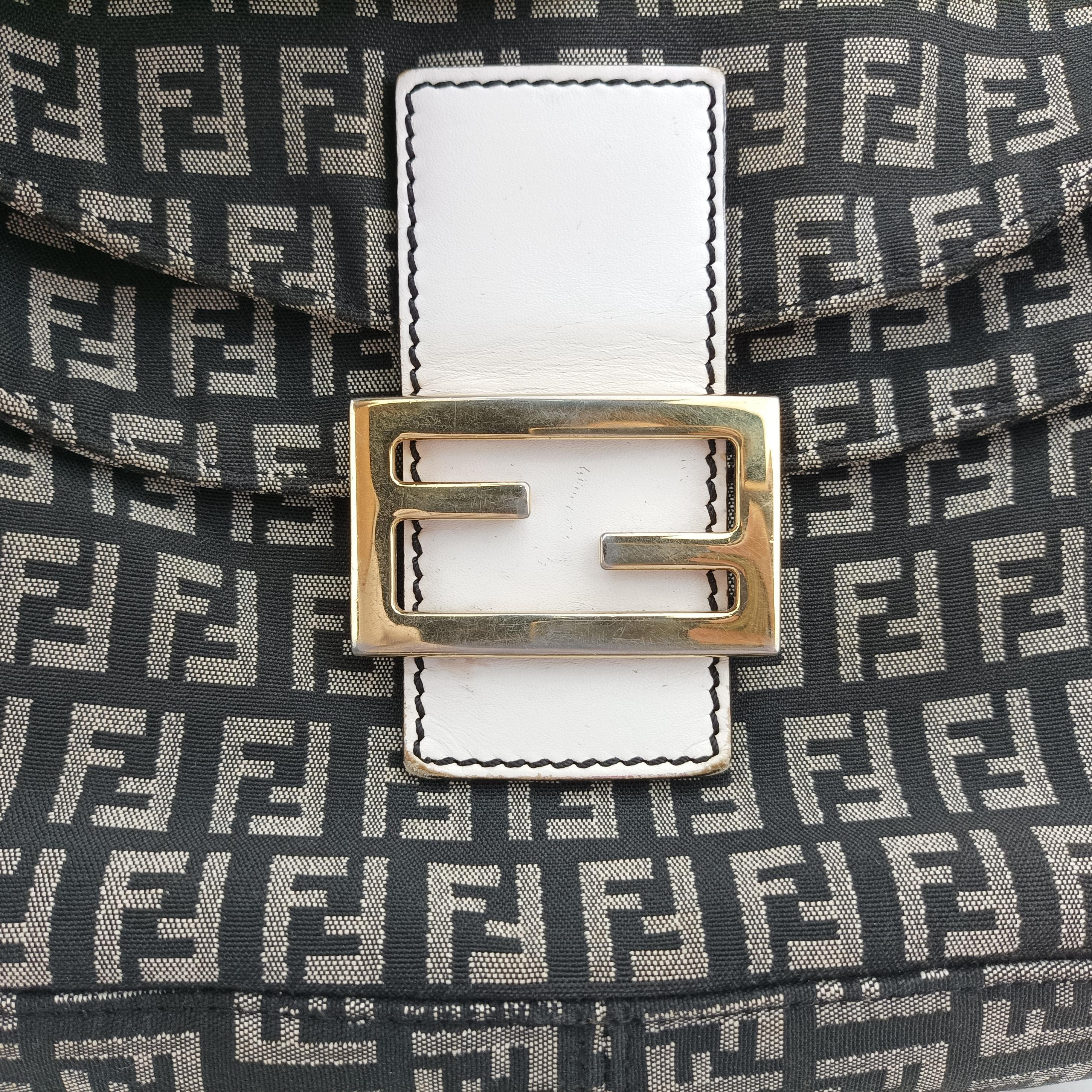 Pre-owned Fendi Zucchino Baguette Black x white x gray canvas 8BR003 shoulderbag | stylenewstar