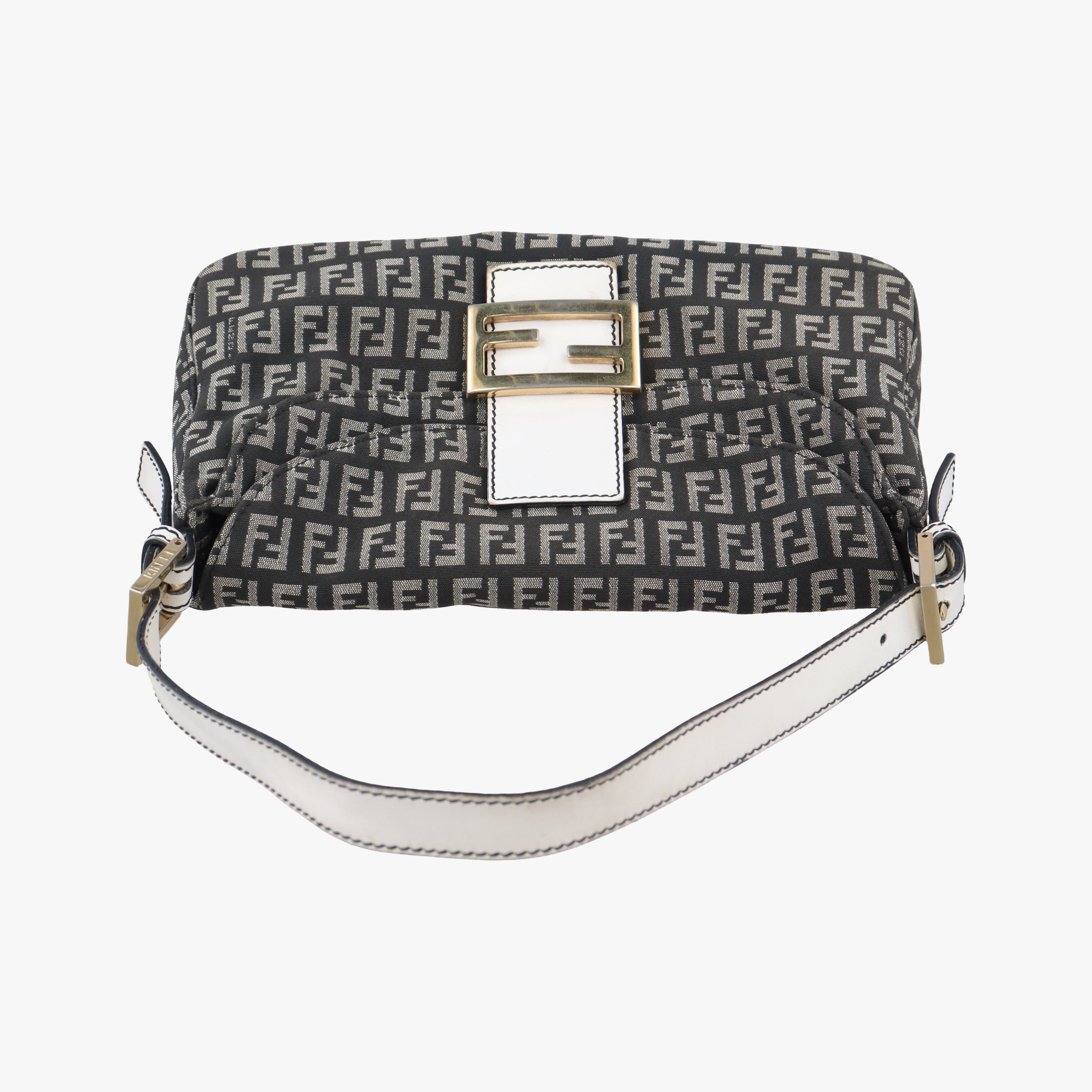 Pre-owned Fendi Zucchino Baguette Black x white x gray canvas 8BR003 shoulderbag | stylenewstar