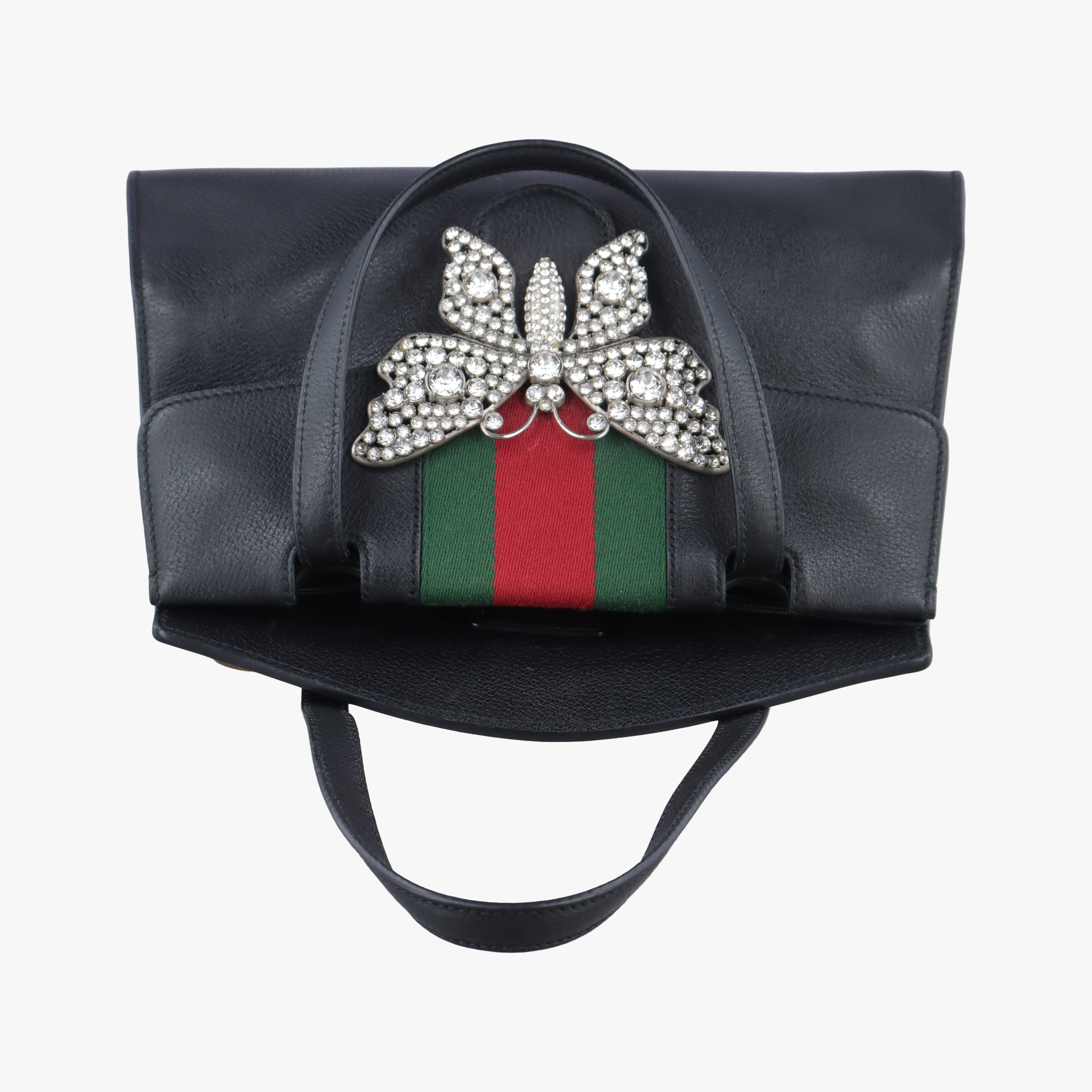 Pre-owned Gucci Crystal Butterfly Linea Totem Black x Green x Red Leather 505342 handbag | stylenewstar