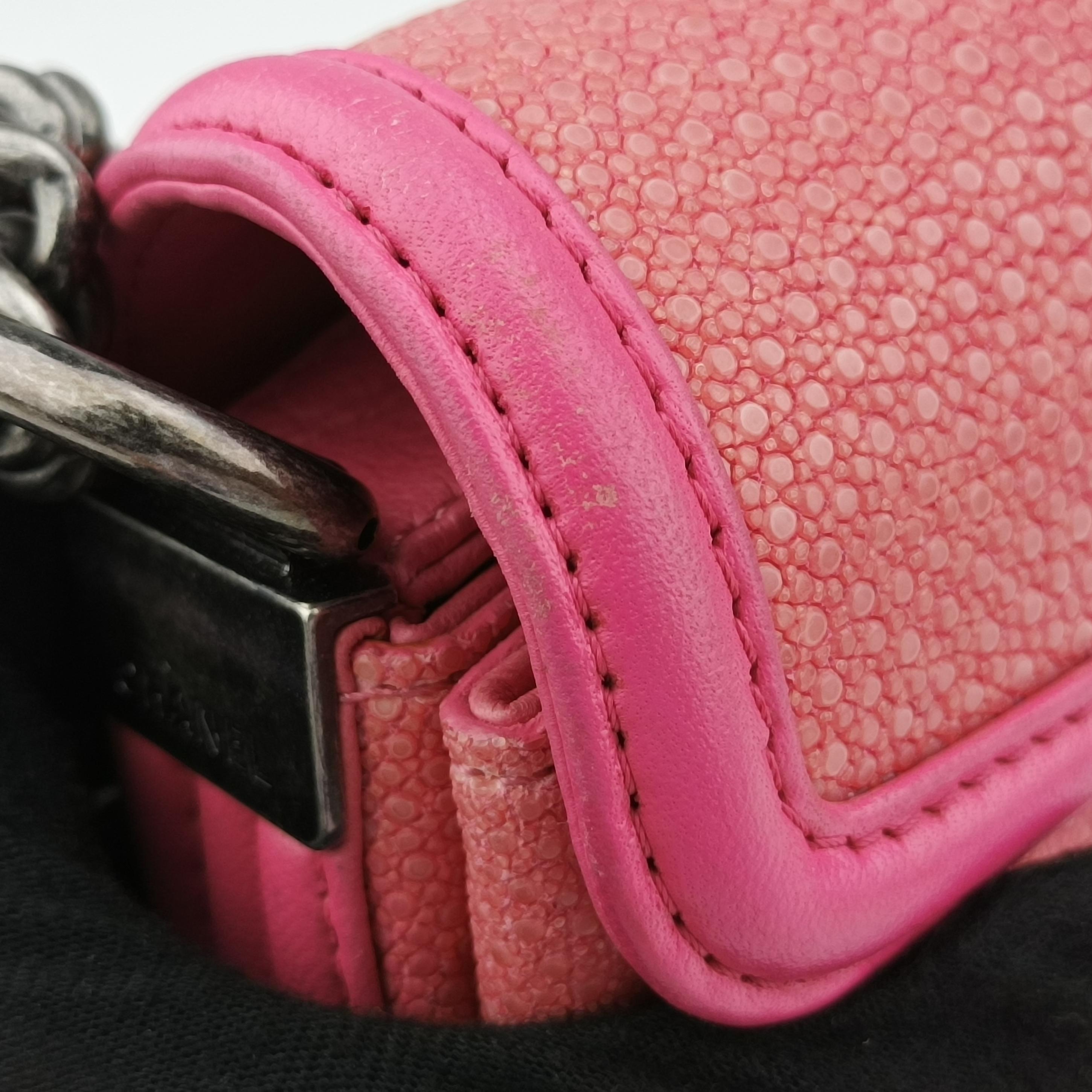 Pre-owned Chanel Boy exotic Pink lambskin×Pearlfish Leather A67198 shoulderbag | stylenewstar