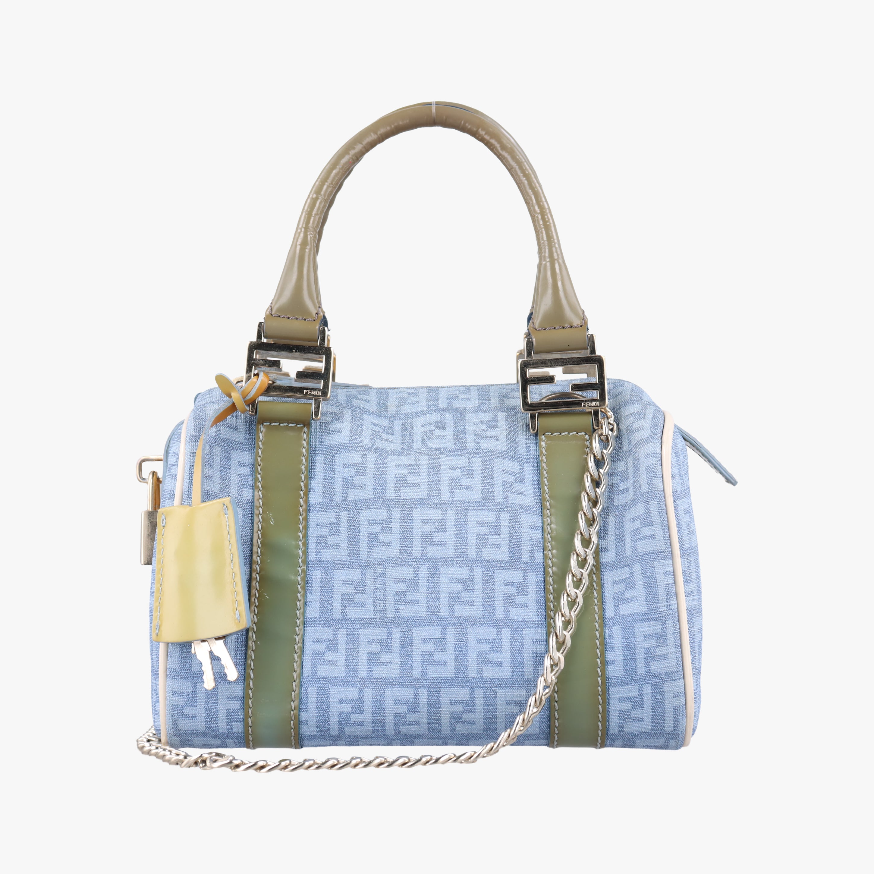 Pre-owned Fendi Zucchino Glitter Logo Blue PVC coated canvas 8BL071 handbag | stylenewstar