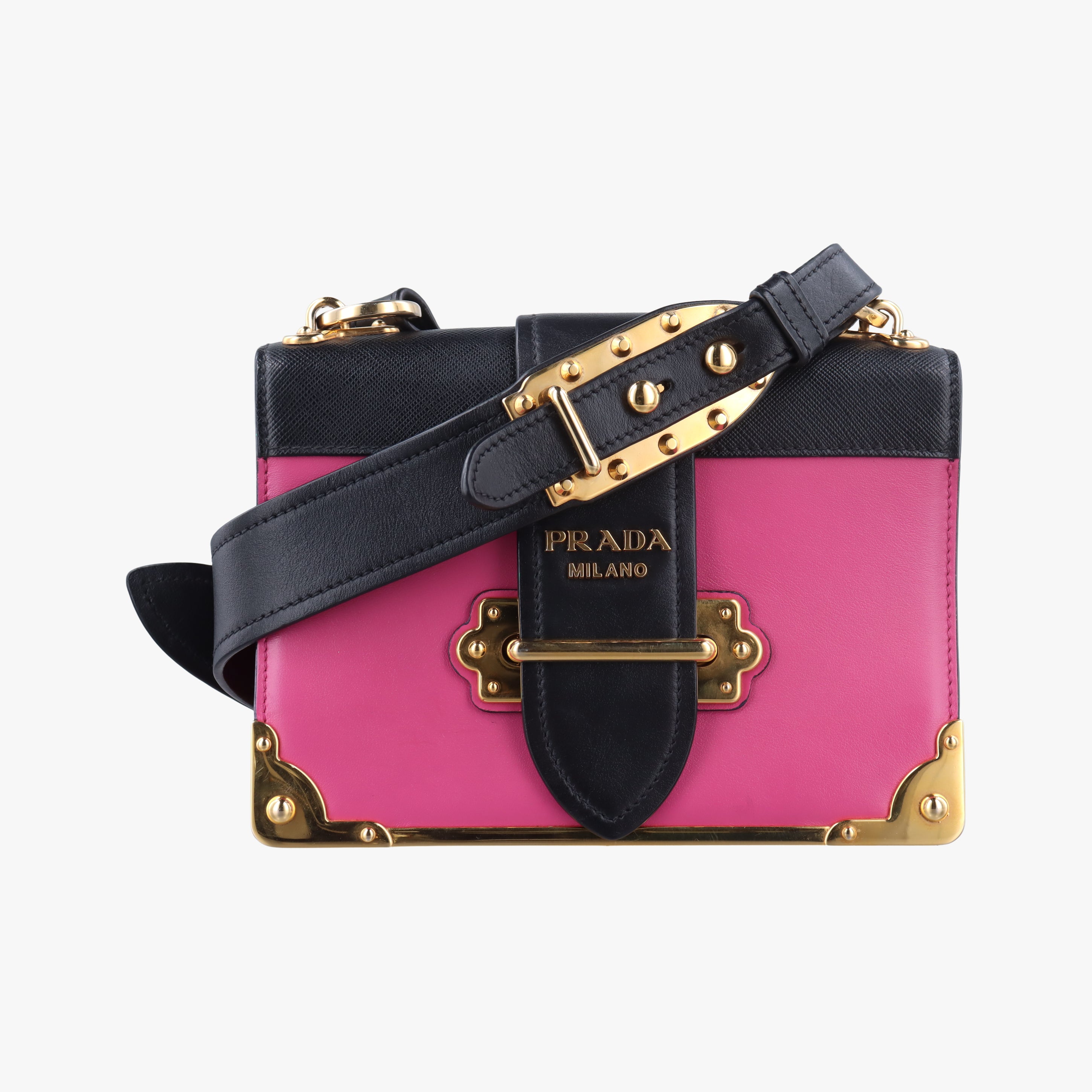Pre-owned Prada Cahier Pink×Black Leather 1BD045 shoulderbag | stylenewstar