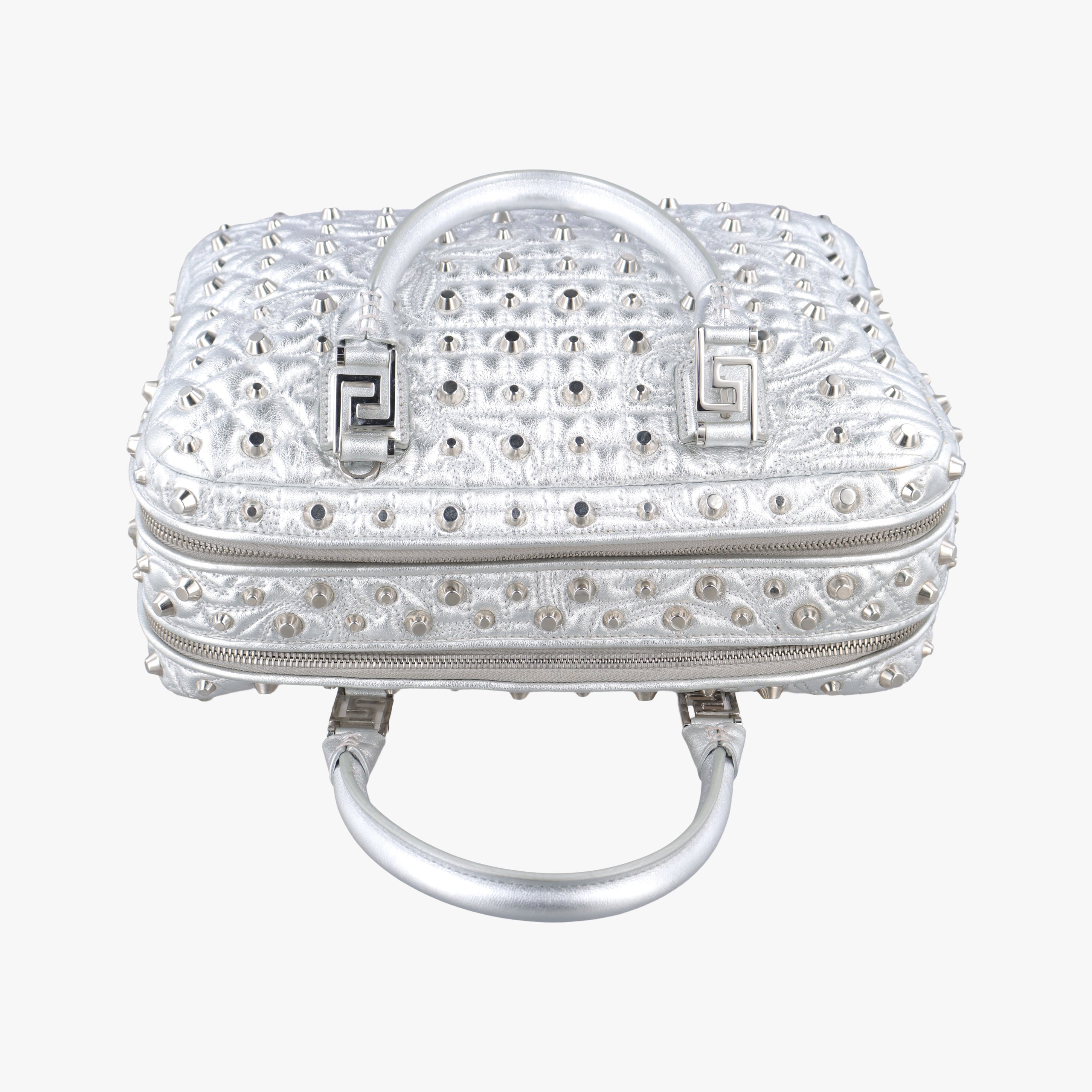 Pre-owned VERSACE La Medusa Studded Silver Leather  shoulderbag | stylenewstar